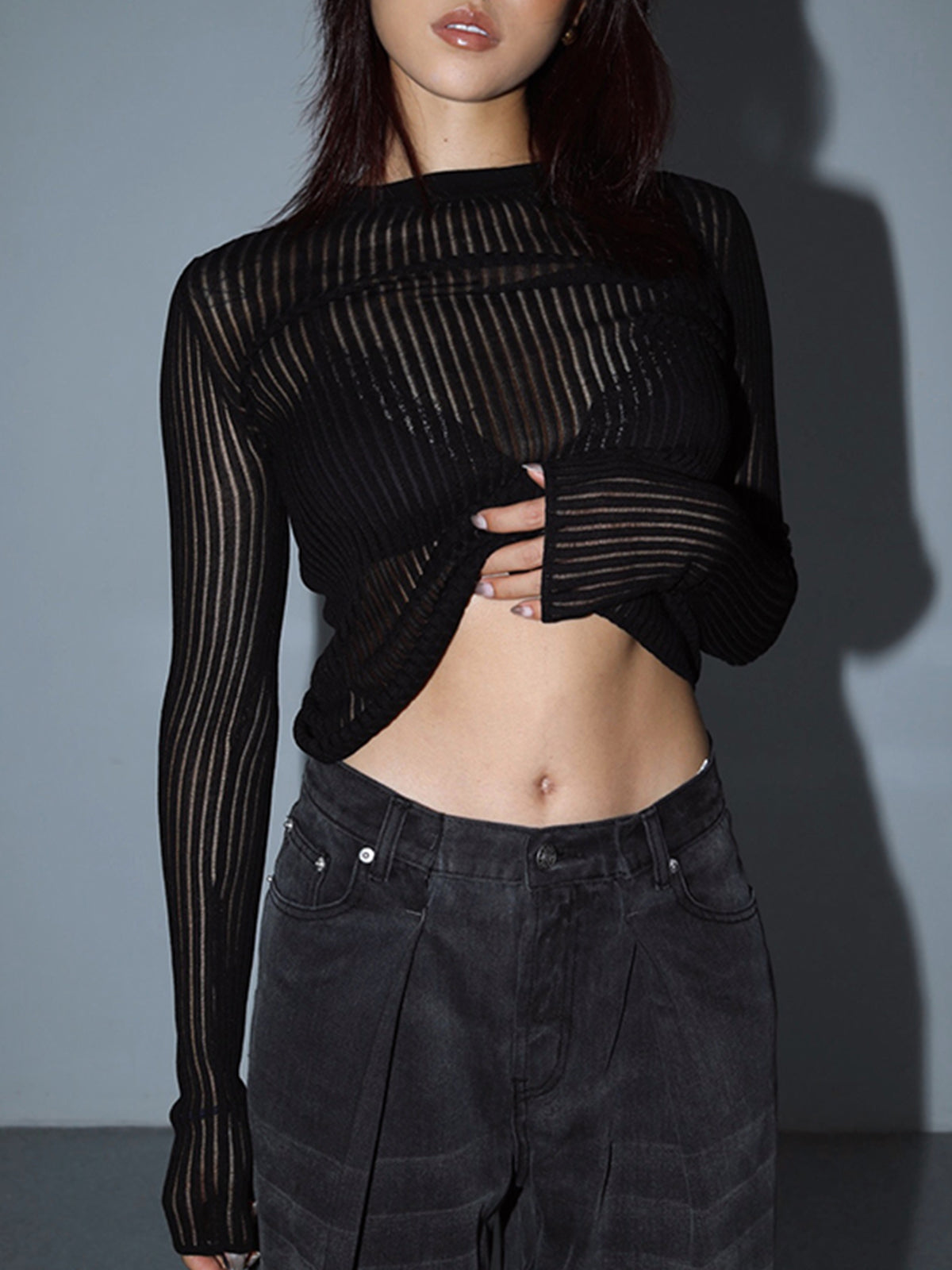 Se Through Ribbed Mesh Top