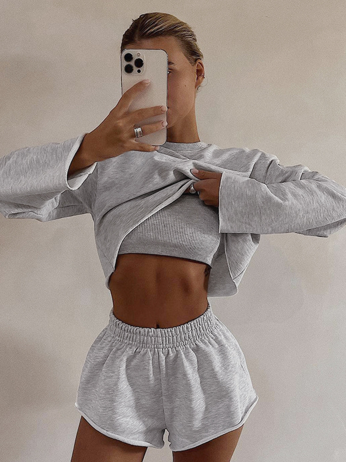 Athleisure Long Sleeve Three Piece Shorts Set