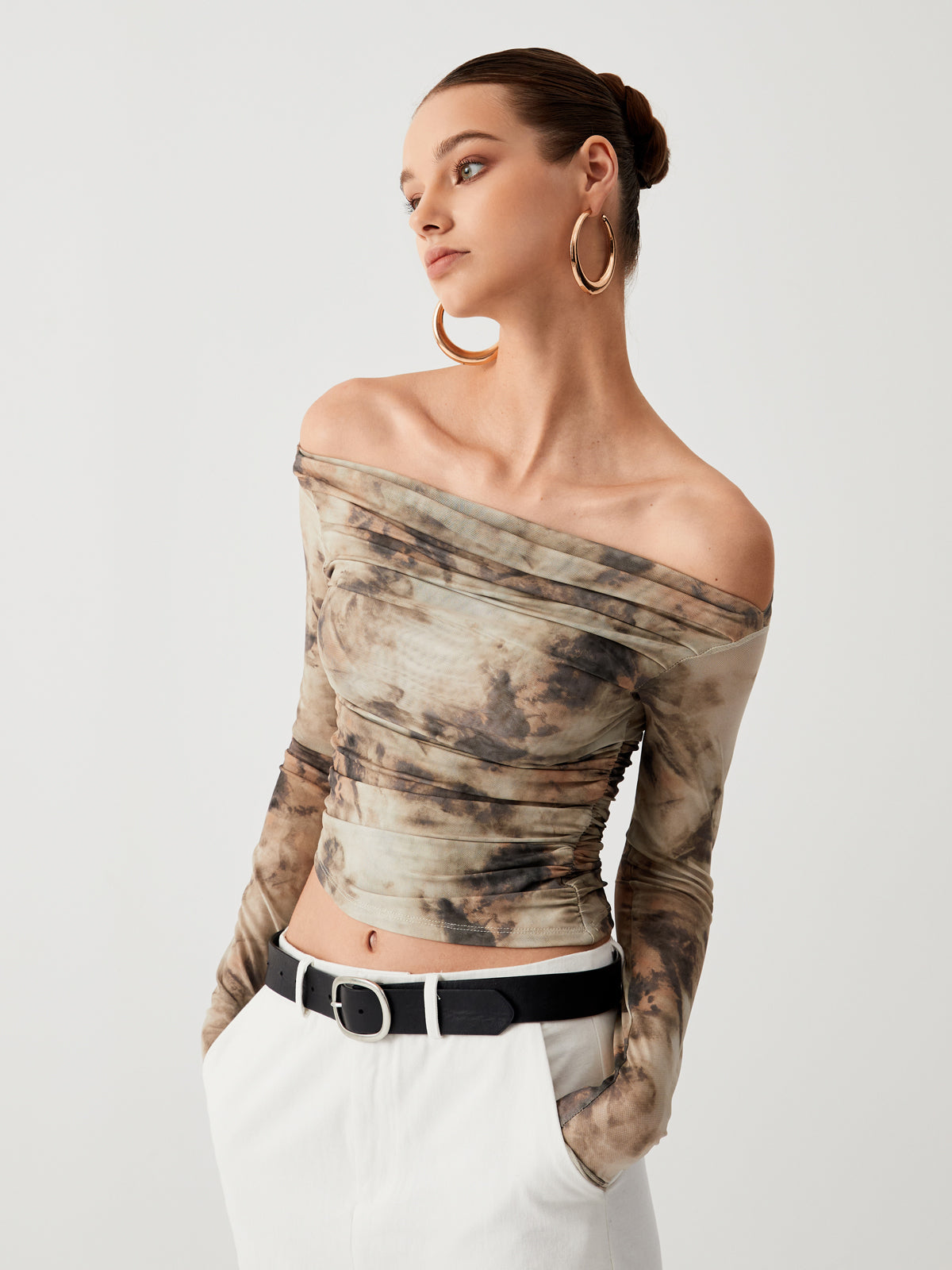 Terracotta Tulle Mesh Off Shoulder Långärmad Crop Top