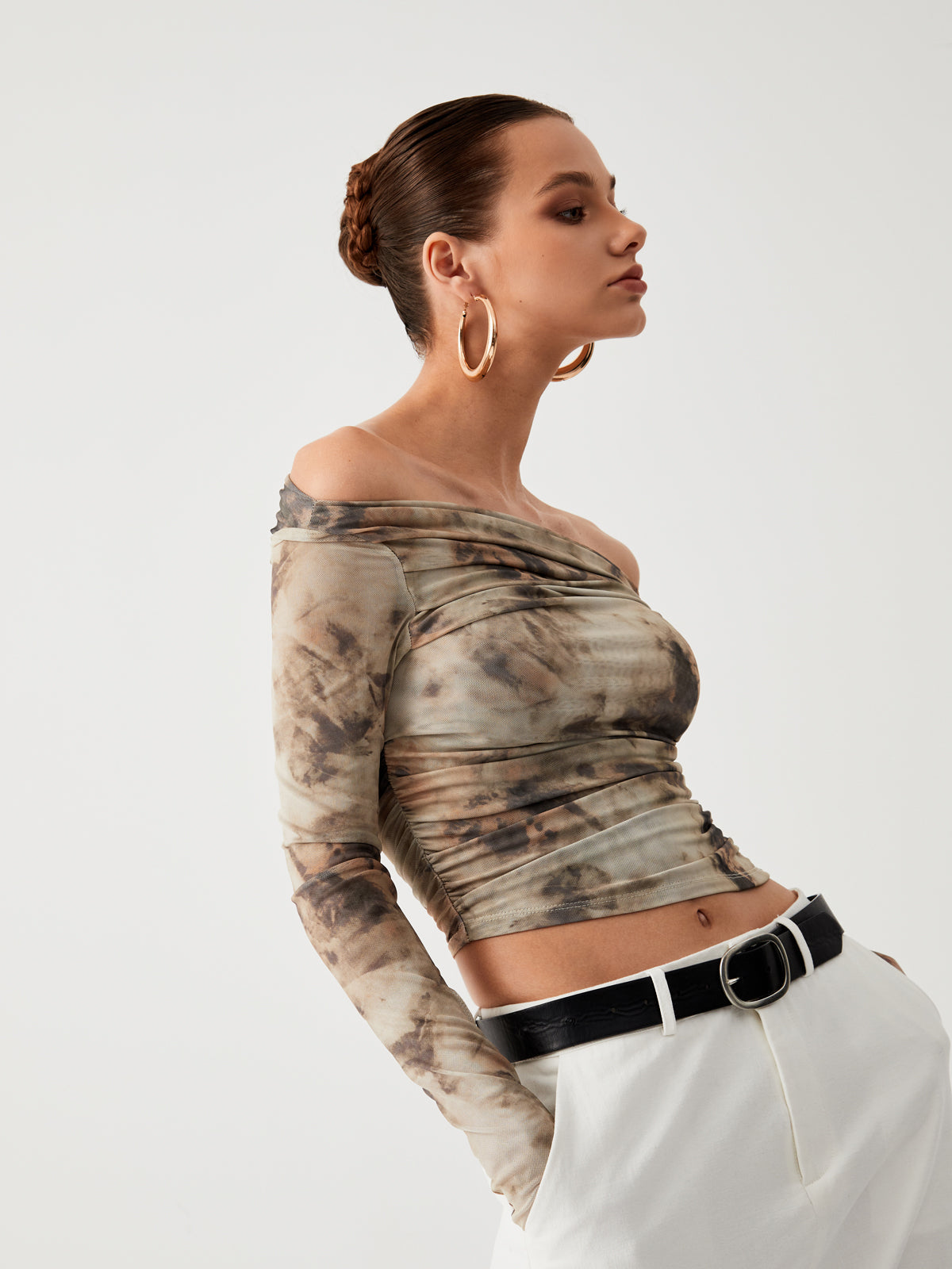 Terracotta Tulle Mesh Off Shoulder Långärmad Crop Top