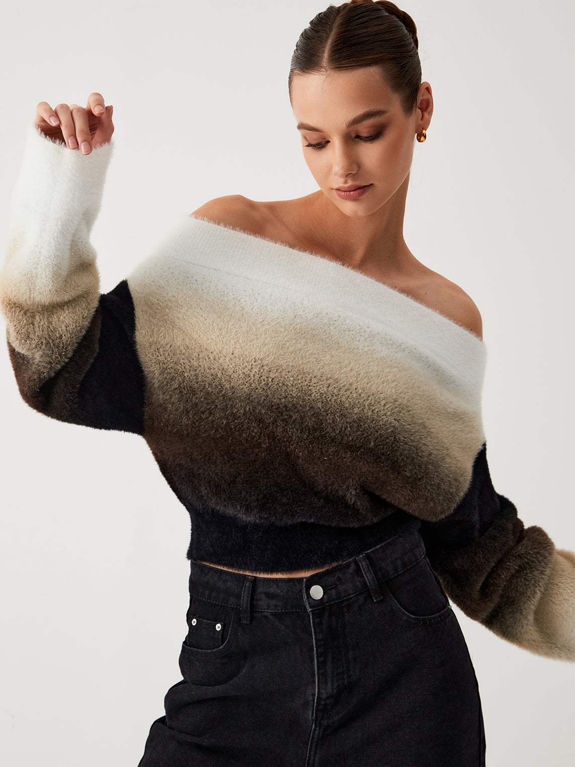 Dawn Ombre Fuzzy Off Shoulder Crop-tröja