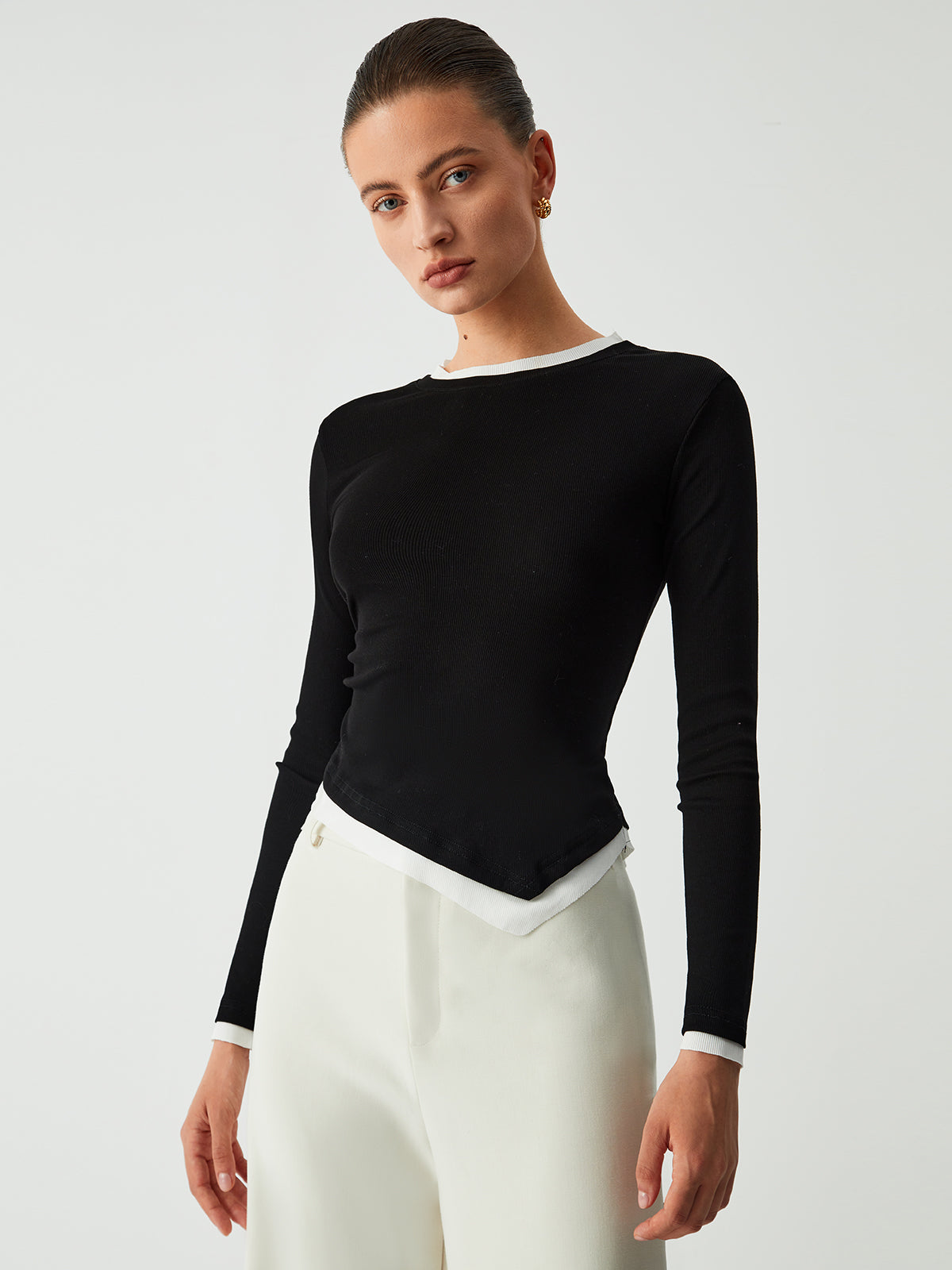 Asymmetric Hem Contrast Trim Long Sleeve Shirt