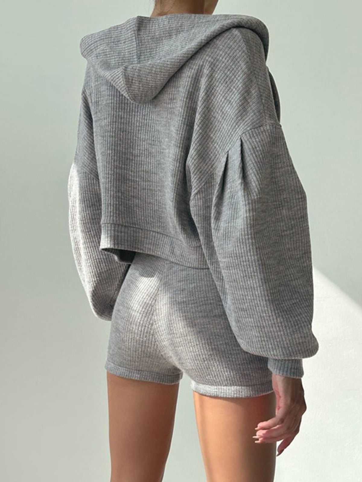 Zip Up Hoodie Three Piece Rib Shorts Set