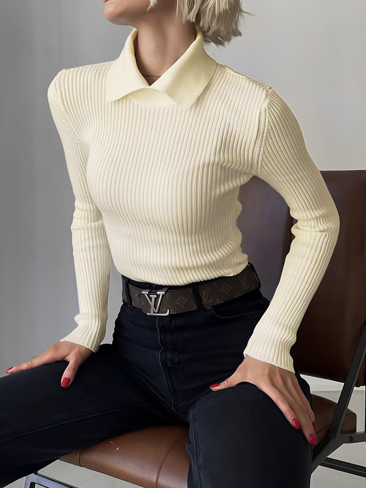 Vanilla Polo Long Sleeve Knit Top