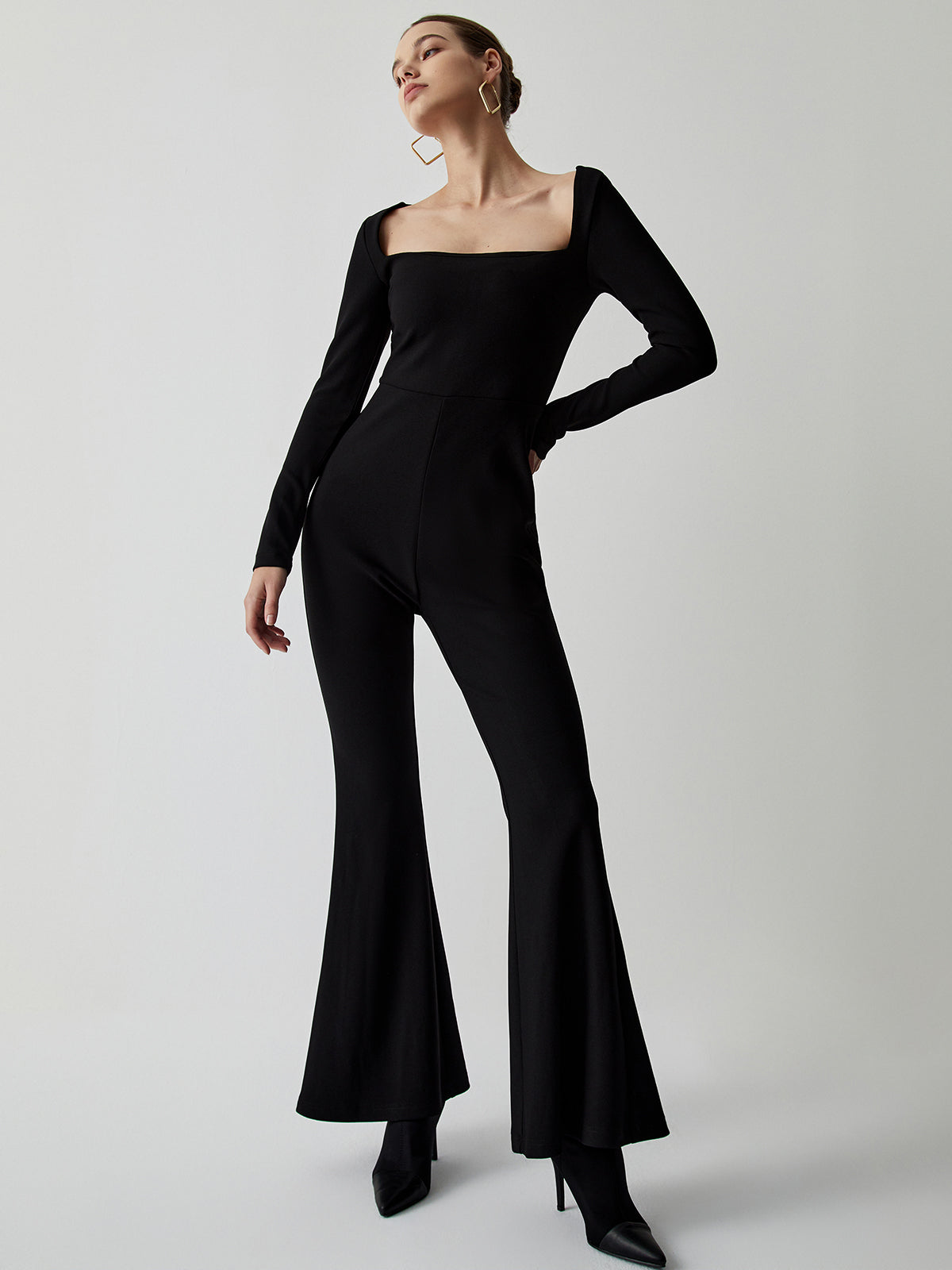 Square Neck Long Sleeve Flare Jumpsuit