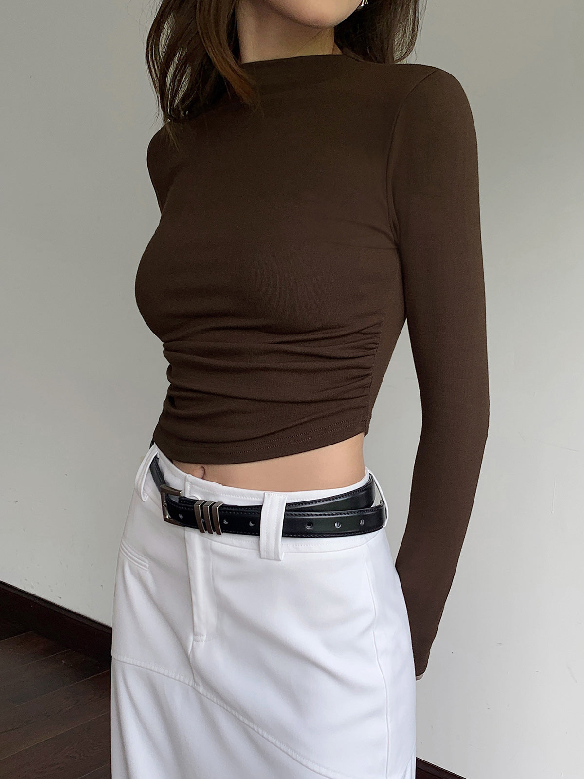 Mock Neck Slinky Långärmad Ribbed Knit Crop Shirt