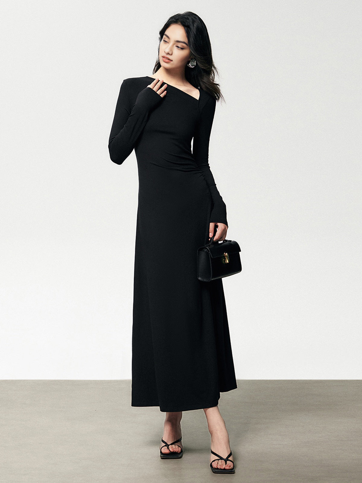 Ribbed Knit Asymmetric Long Sleeve Bodycon Long Dress