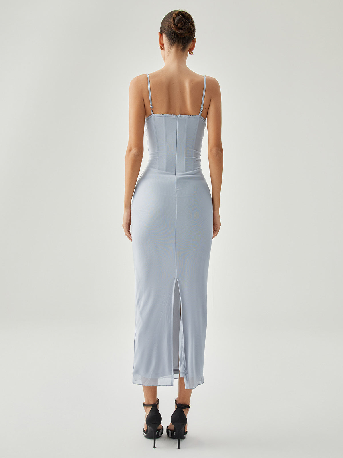 Ribbed Draped Slit Mesh Tank Long Dress