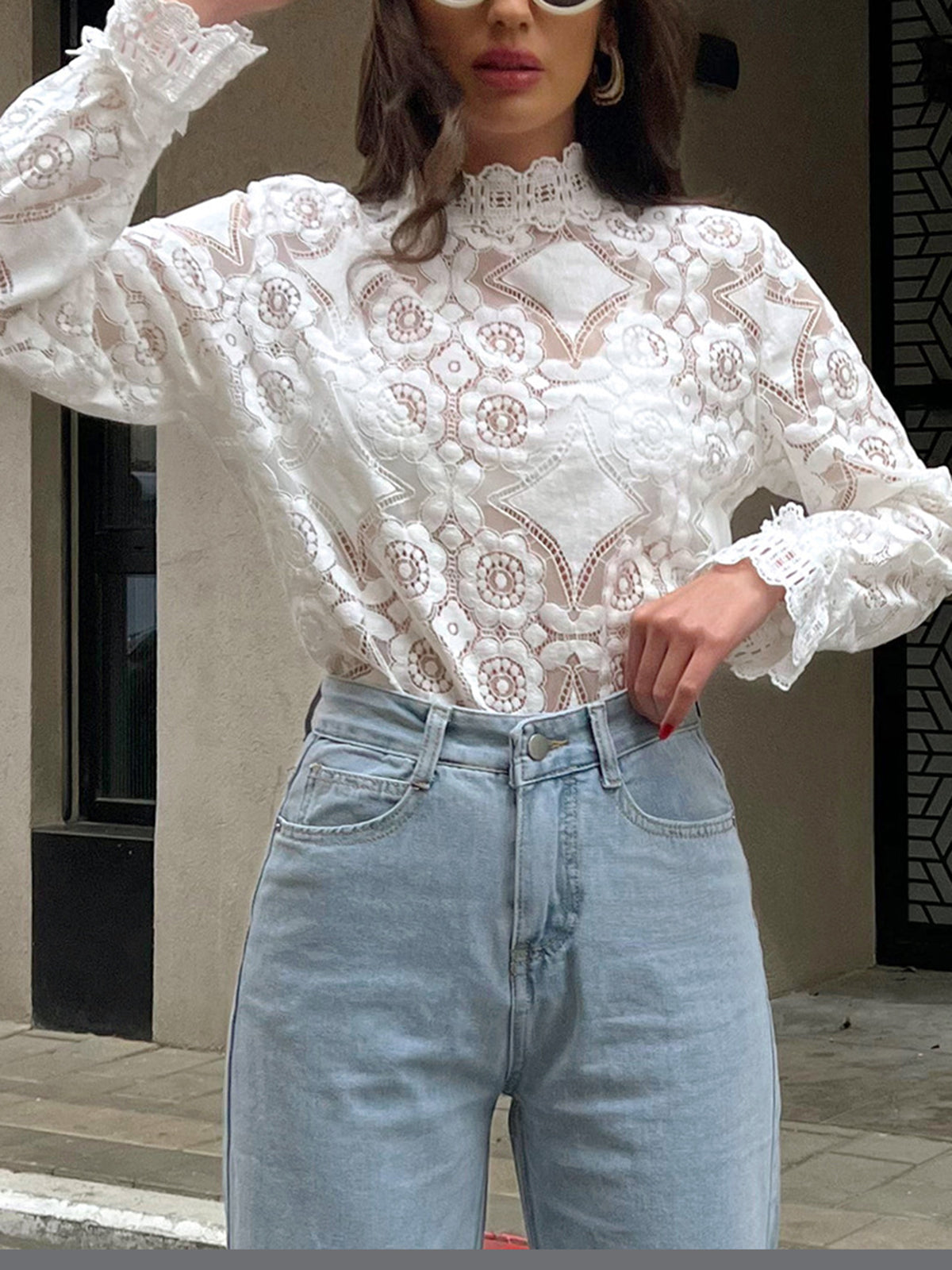 Lace Embroidery Floral Mock Neck Blouse