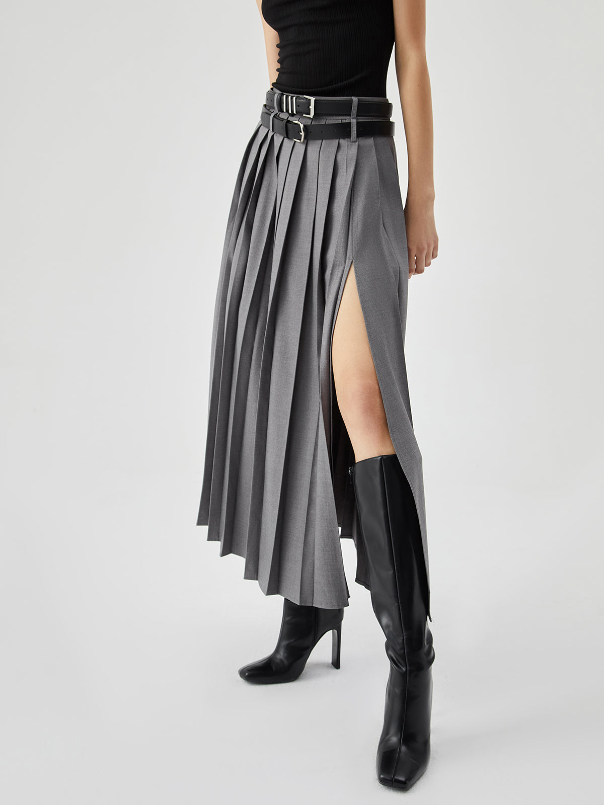 Pleated Split Maxi Skirt Without Belt