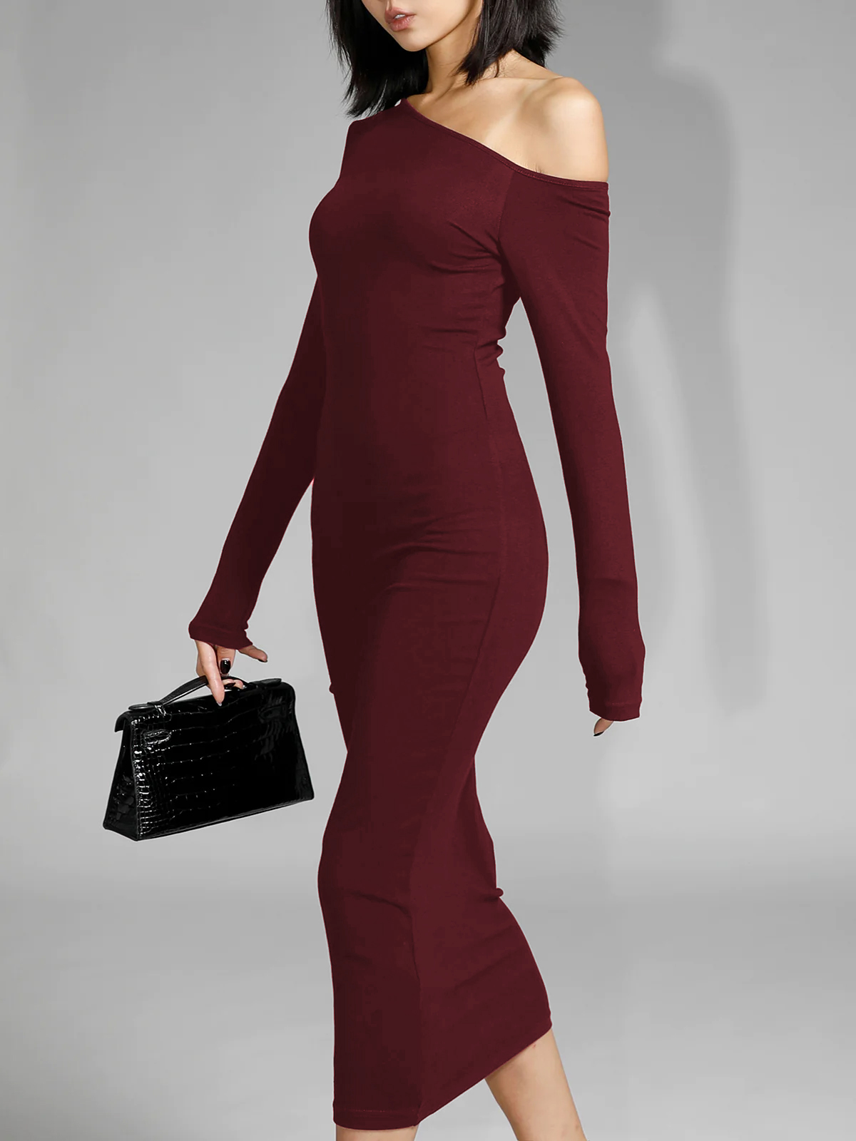 Asymmetric Off Shoulder Long Sleeve Midi Dress