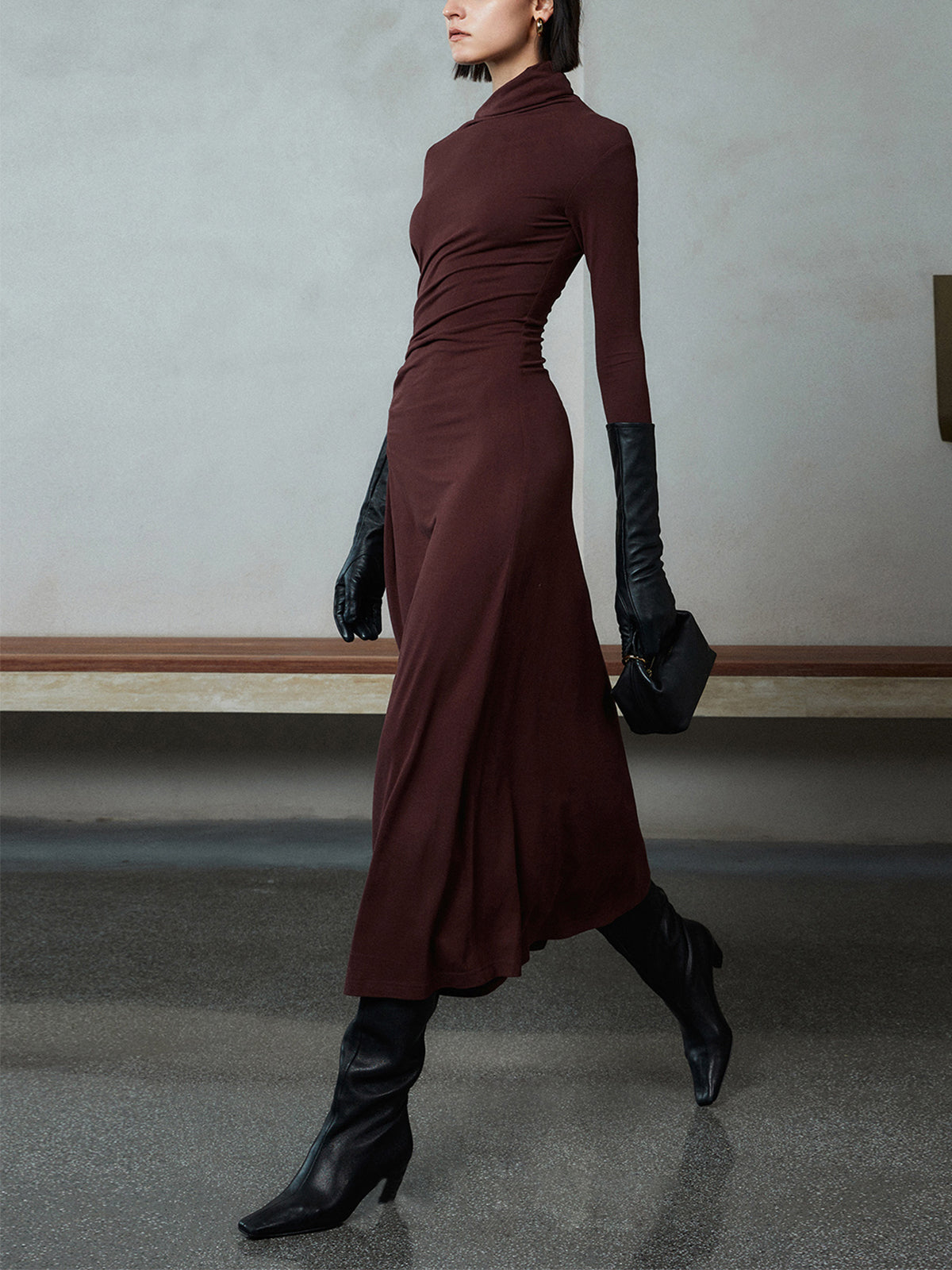 Bodycon Asymmetrical Neck Long Sleeve Ruched Maxi Dress