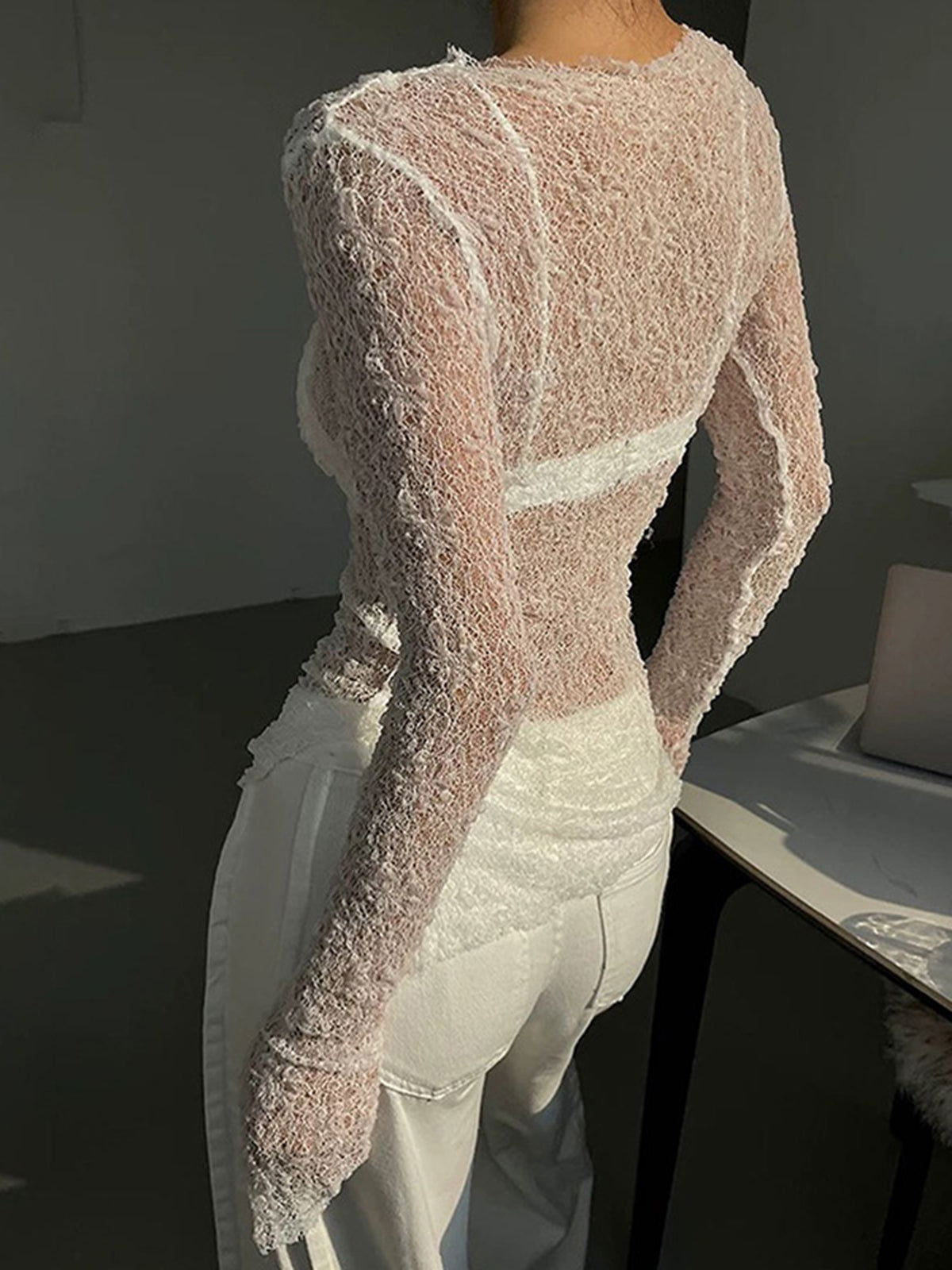 Lace Raw Hem Crew Neck Long Sleeve Top