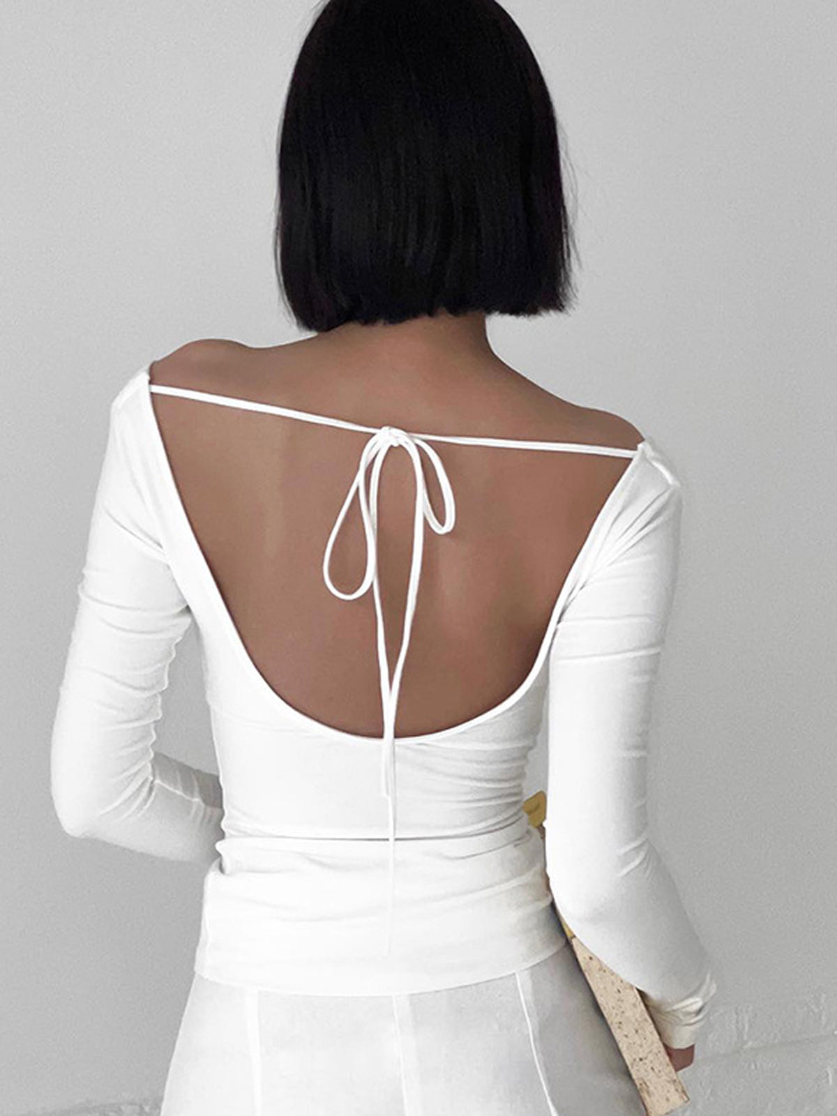 Solid Tied Open Back Long Sleeve Slinky Top