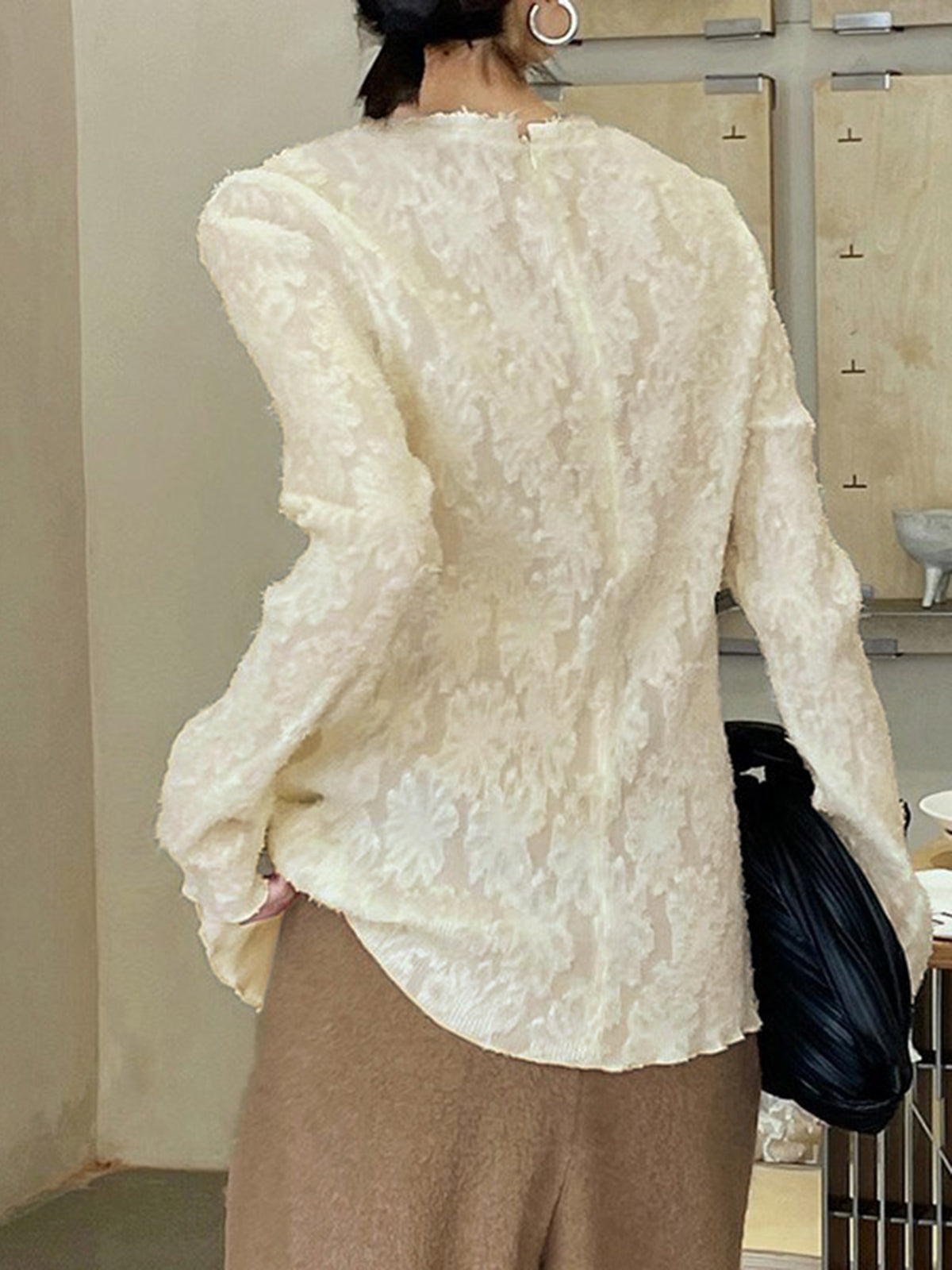 Semi-sheer Jacquard Lace Long Sleeve Split Top