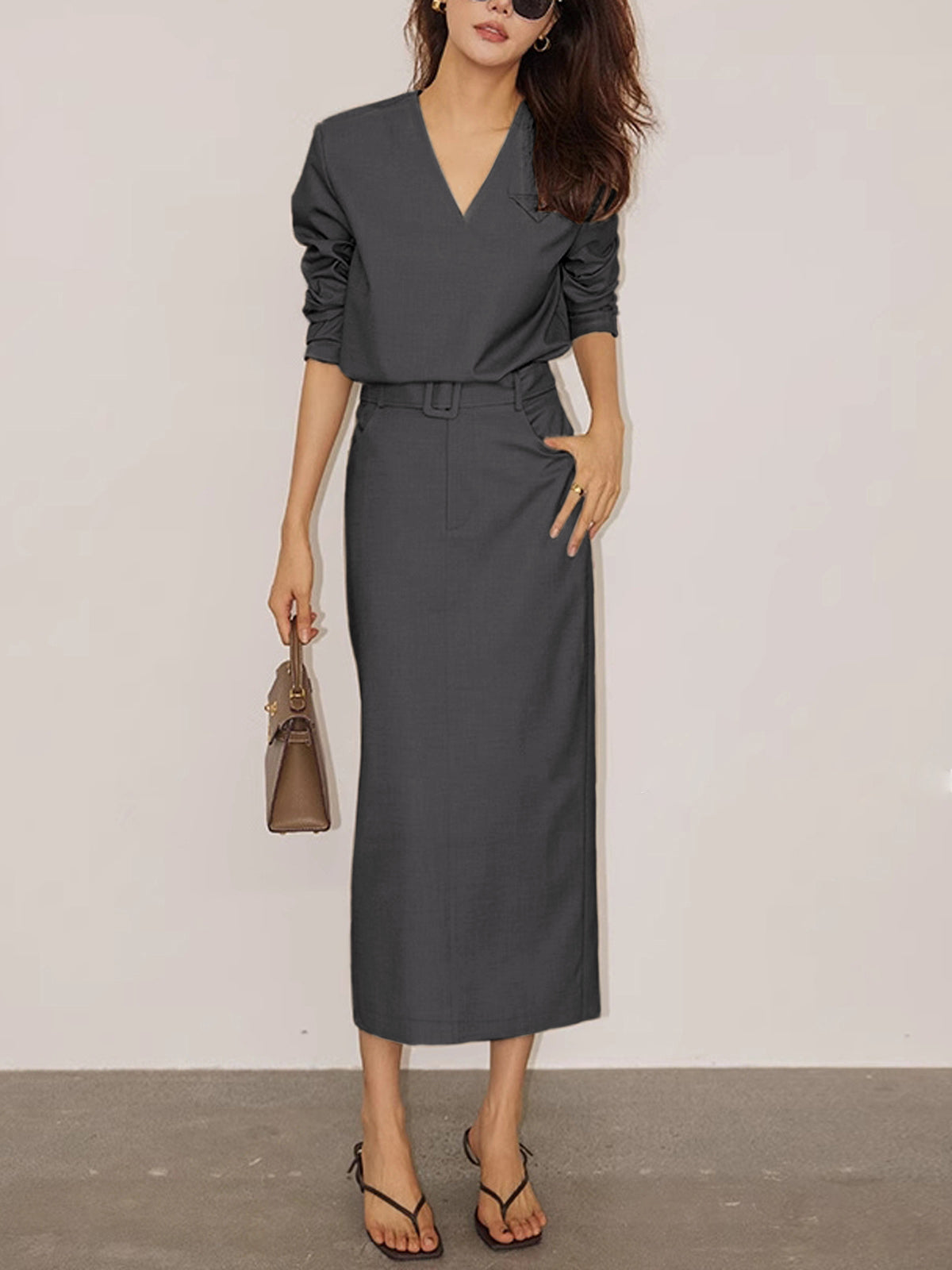 Solid V-neck Belted Two Piece Skirt Set