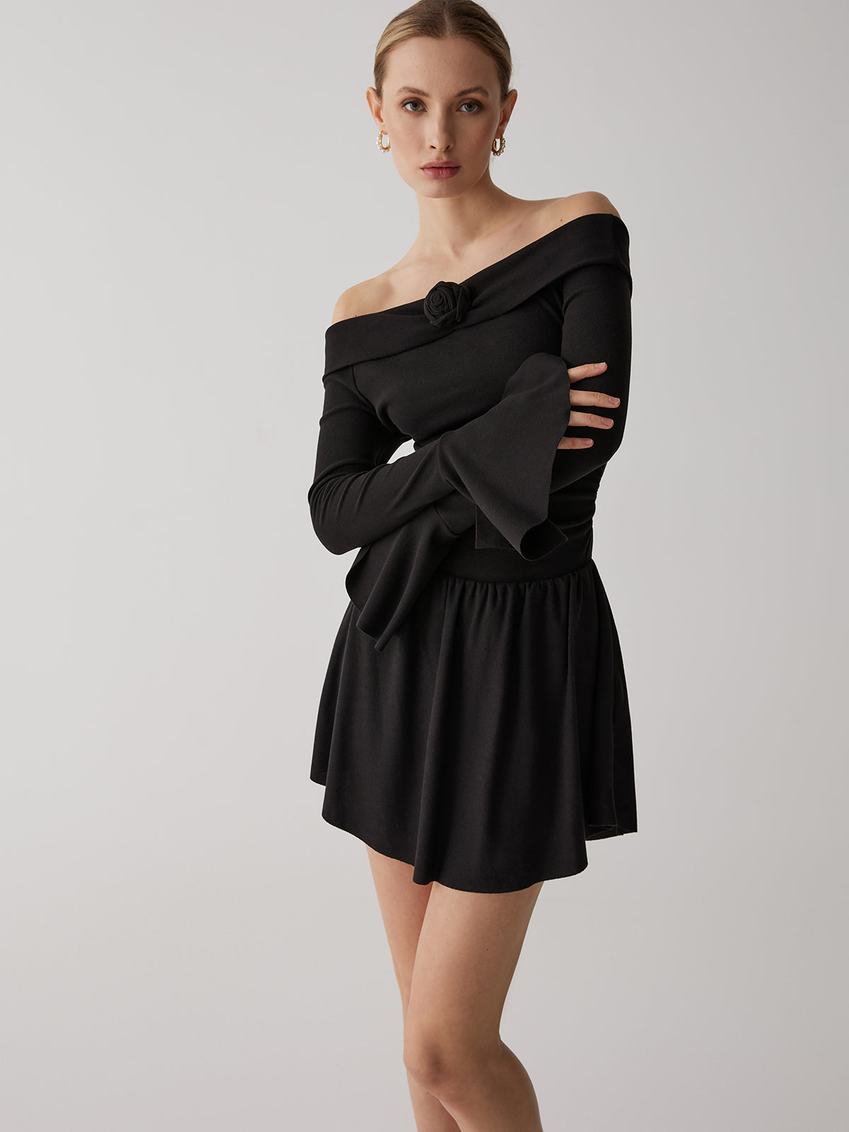 Pleated Off-Shoulder A-Line Short Dress