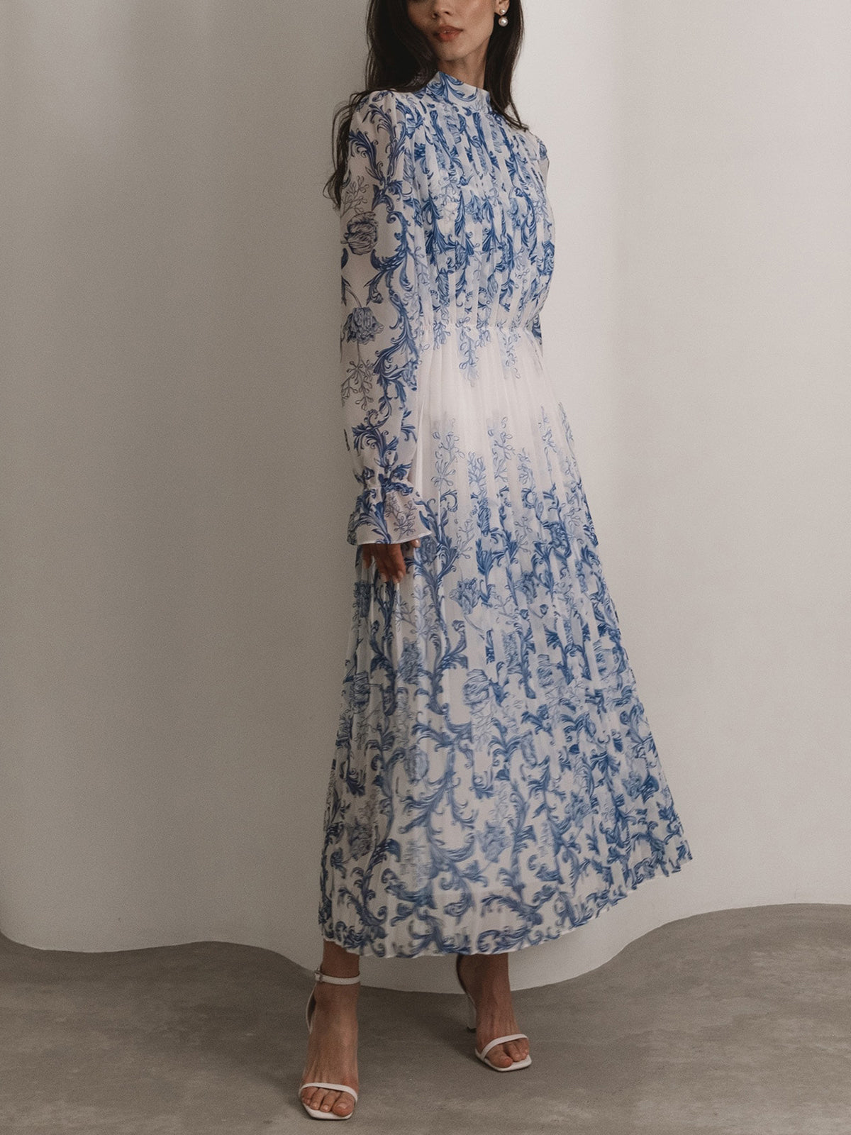 Plant Pattern Printed Pleated Long Dress