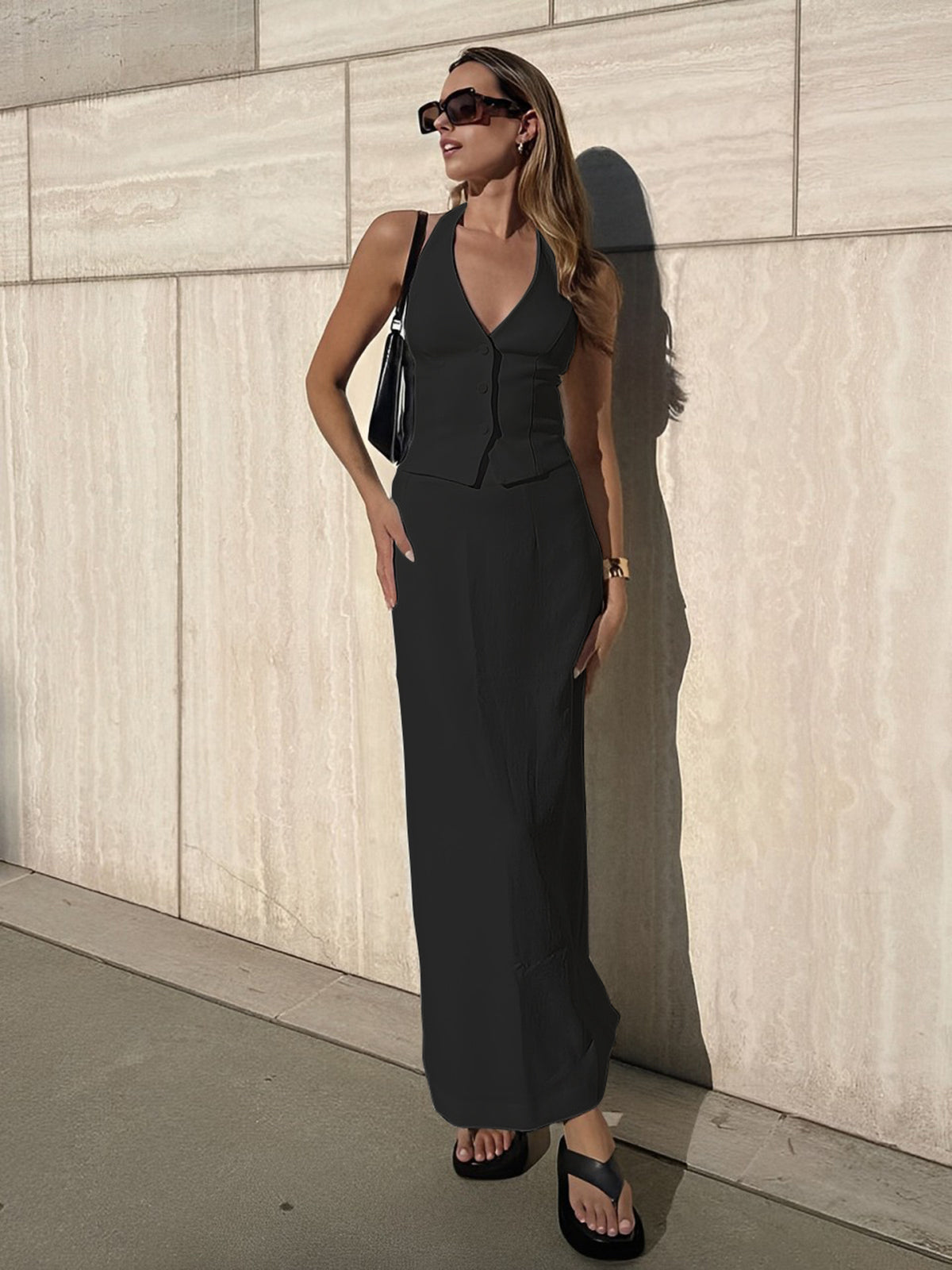 Solid V-Neck Backless Tie Up Halter & Split Maxi Skirt Set