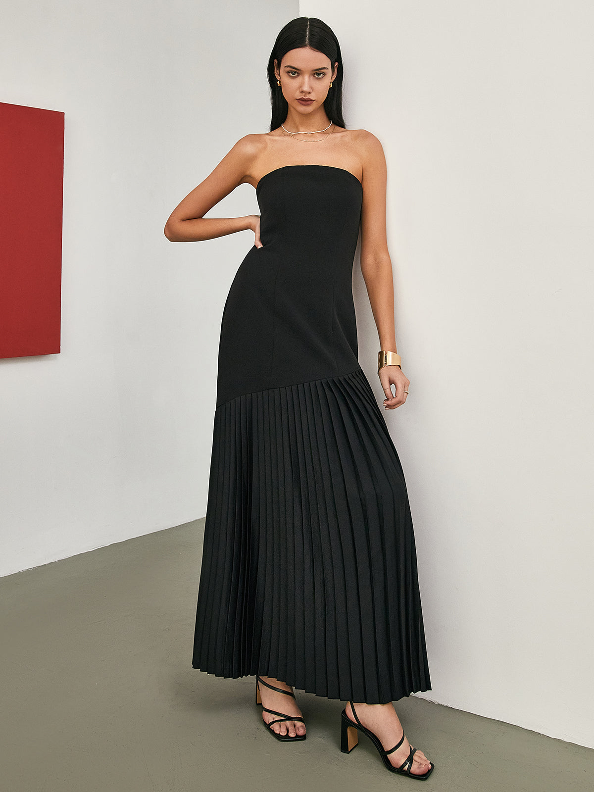 Solid Pleated Tube Long Dress