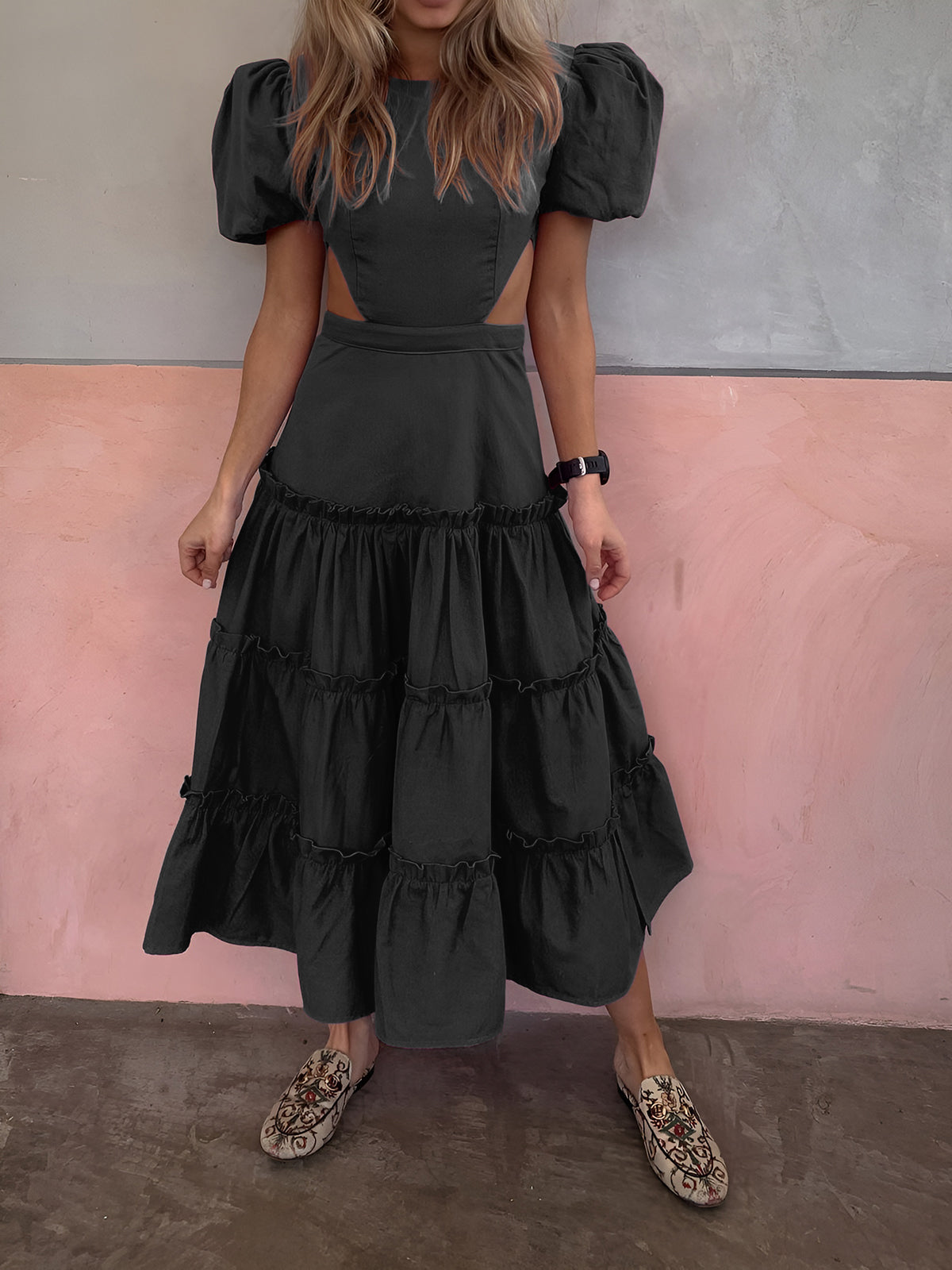 Puff Sleeve Cutout Long Dress