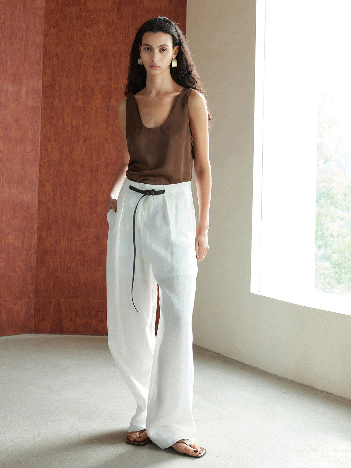 Cotton & Linen Belted Long Pants