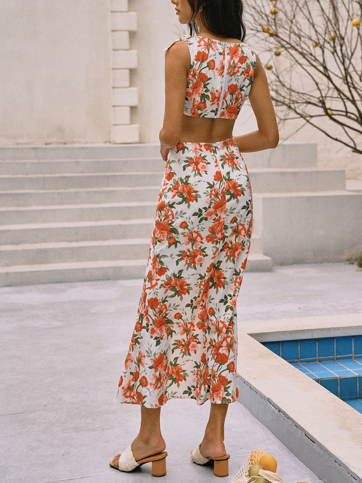 Floral Print Knotted Cutout Split Long Dress