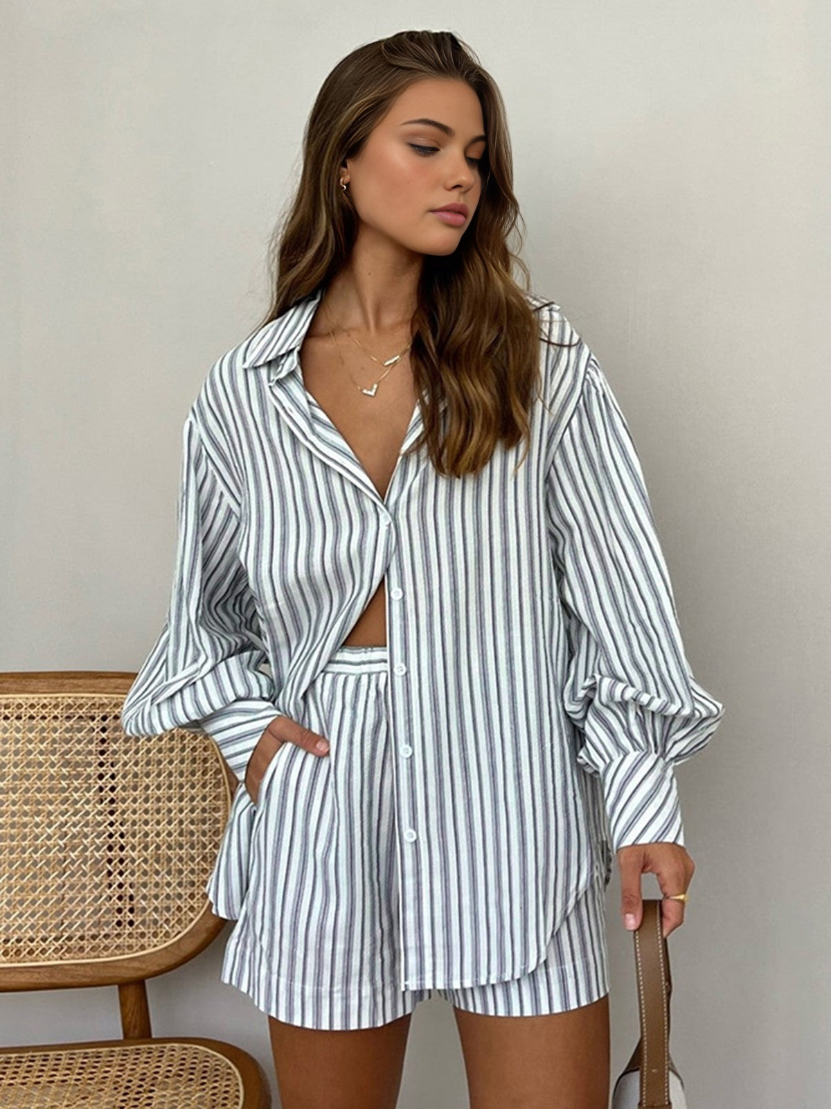 Oversized Striped Pockets Casual Shorts Set