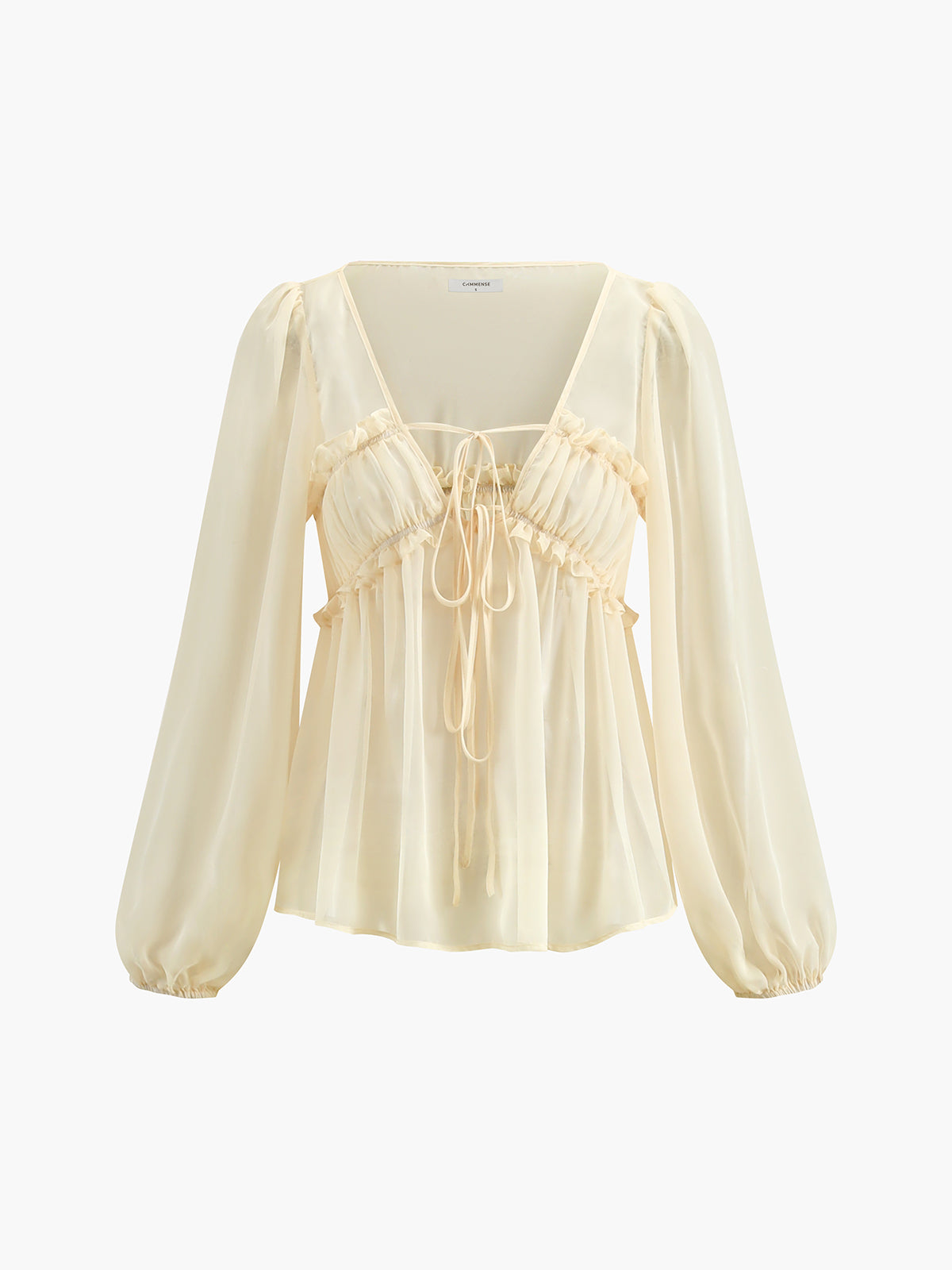 Sheer Long Sleeve Drawstring Blouse