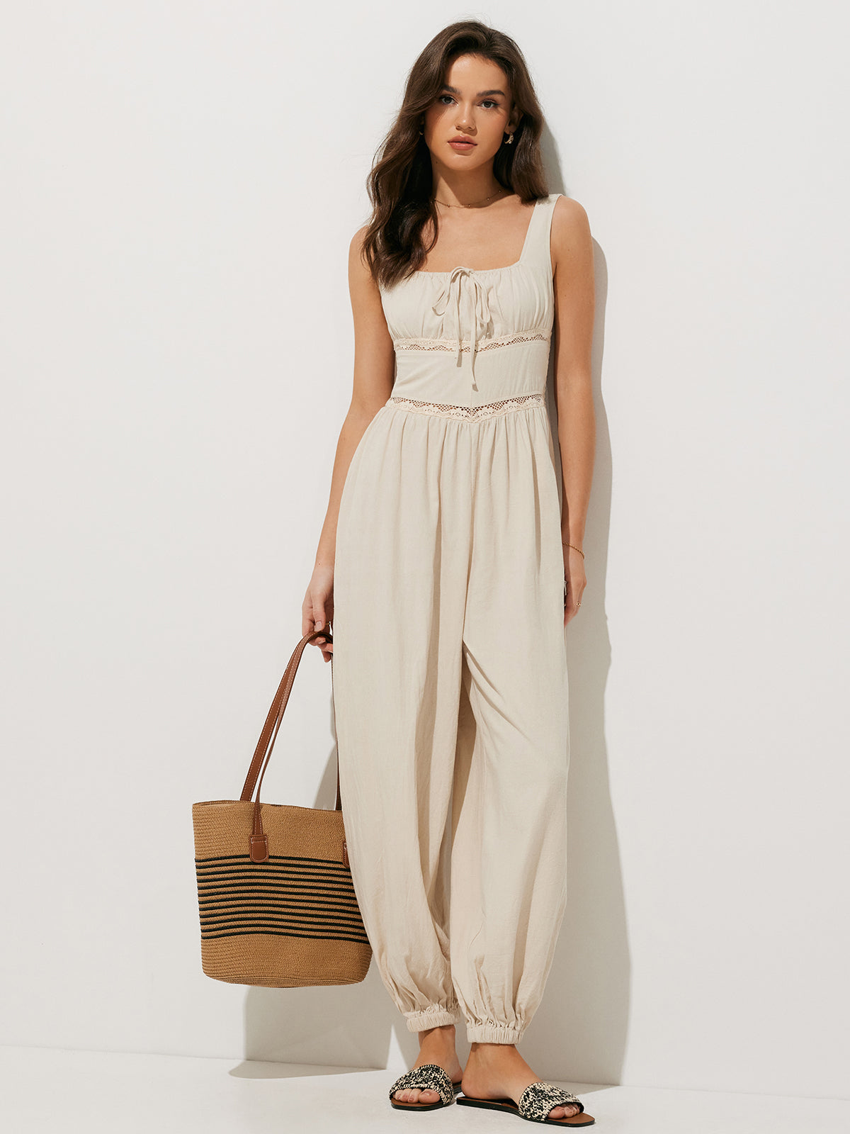 Pure Cotton Backless Tie-Front Jumpsuit