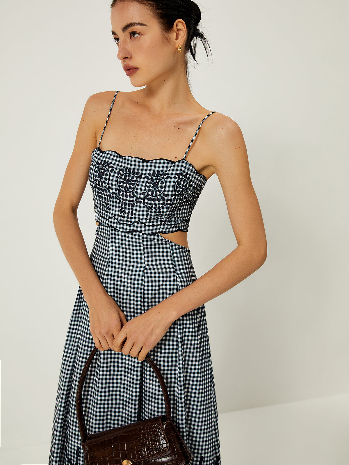 Plaid Print Embroidered Cutout Cami Long Dress