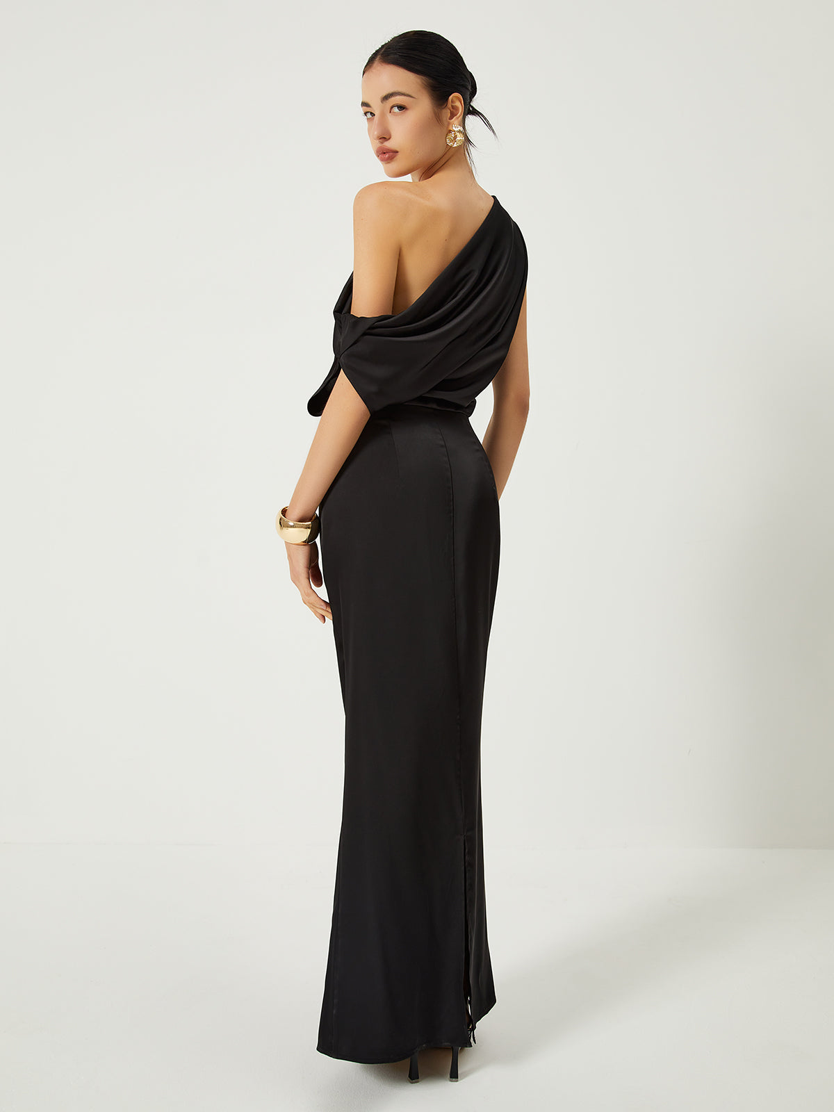 Satin One Shoulder Off Split Long Dress