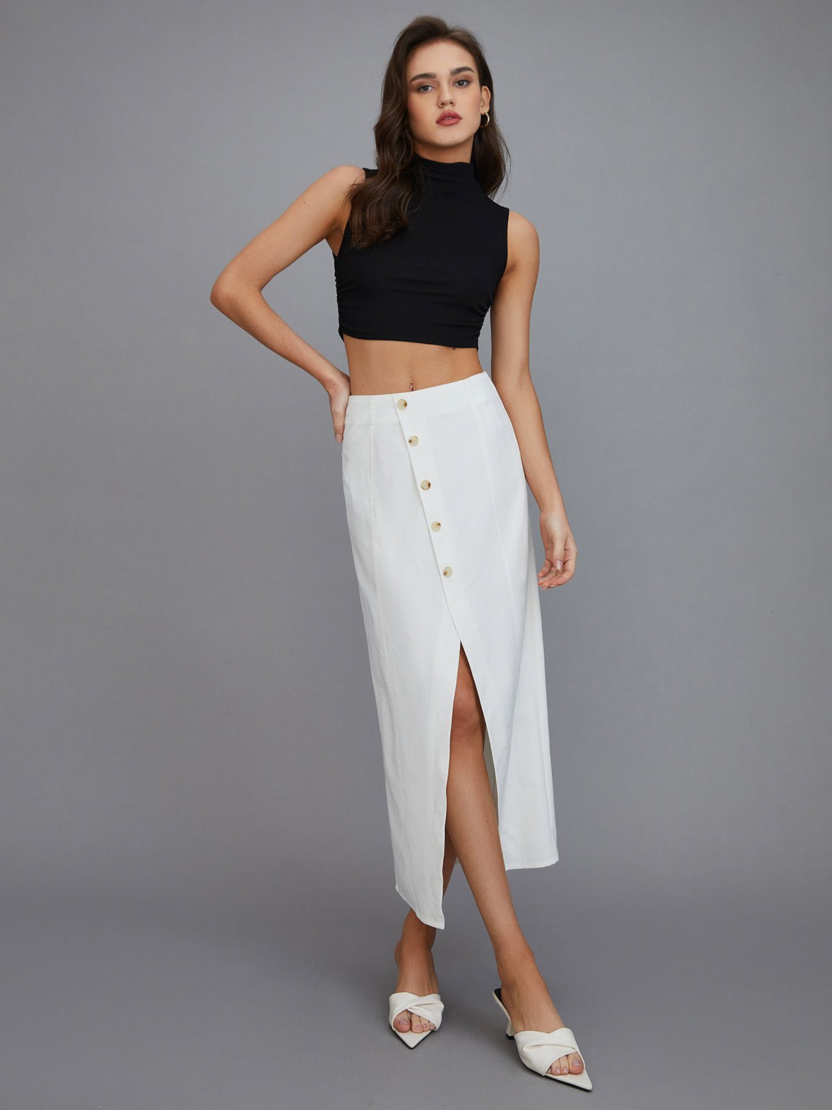 Multi-Button Split Middle Waist Maxi Skirt