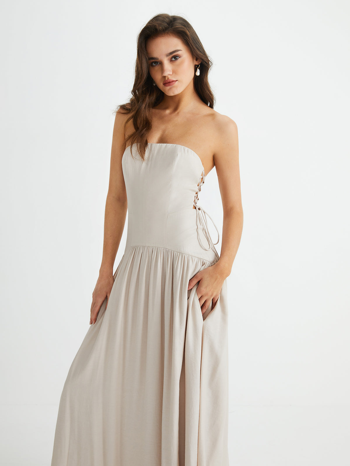 Pleated Drawstring Pockets Long Dress