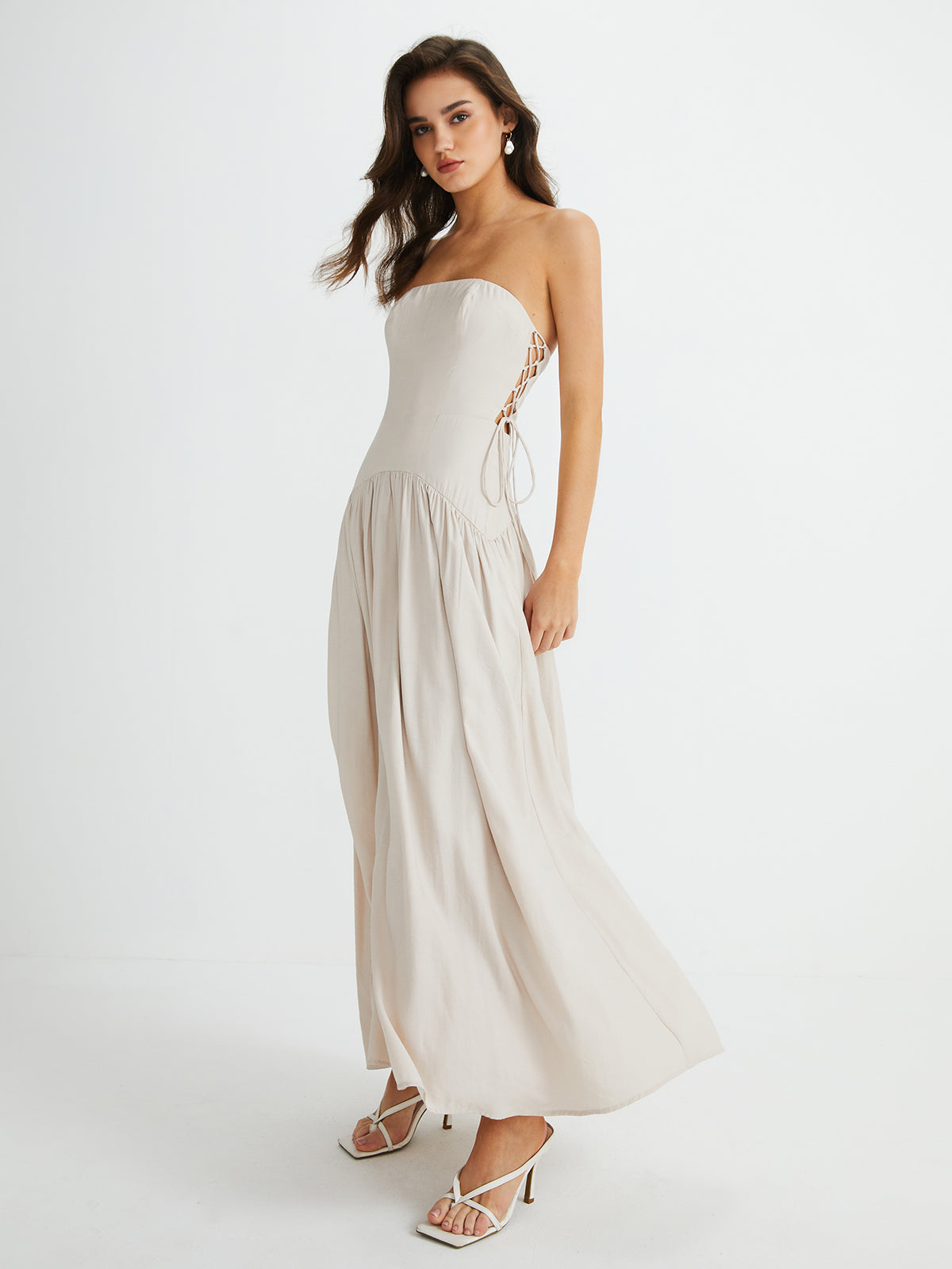 Pleated Drawstring Pockets Long Dress