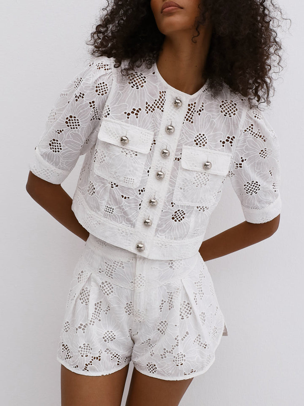 Multi-Button Embroidery Shorts Set