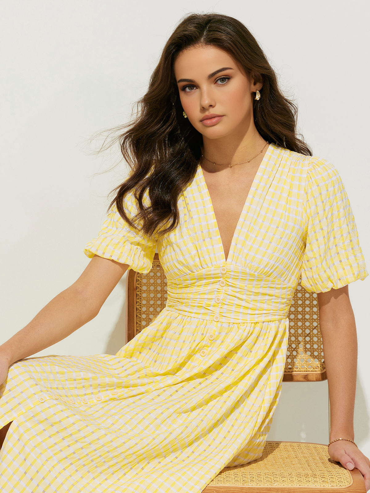 Plaid Pattern Puff Sleeve V-Neck Midi Dress