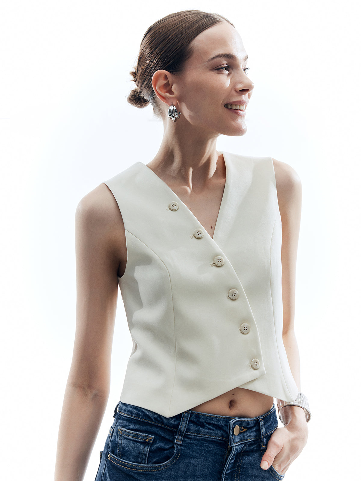 Button V-Neck Solid Vest