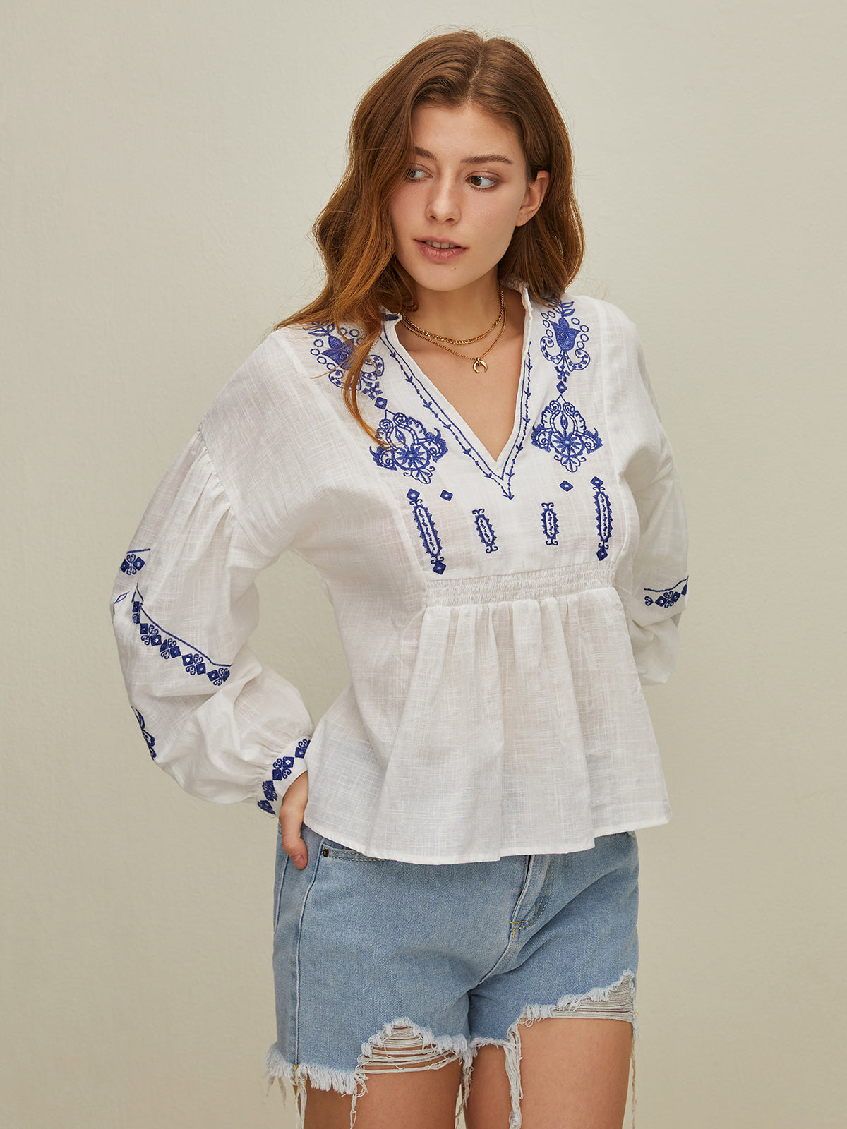 Embroidered V-Neck Shirt