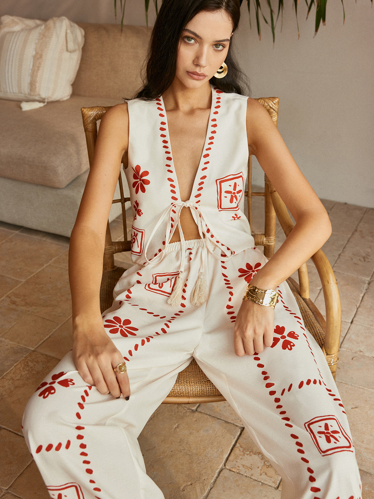 Print Knotted Tassel Pants Set