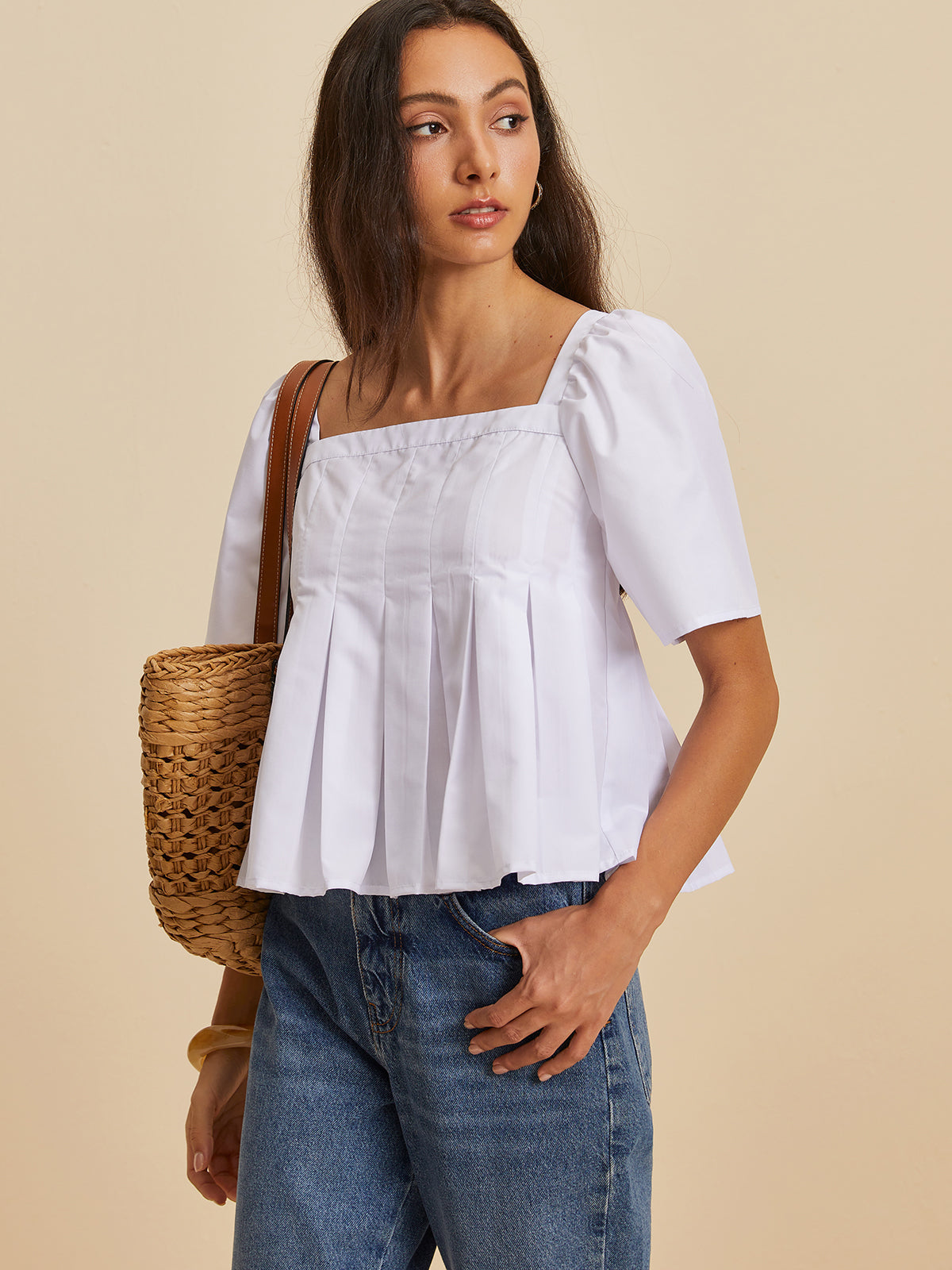 Pleated Crew Neck Blouse