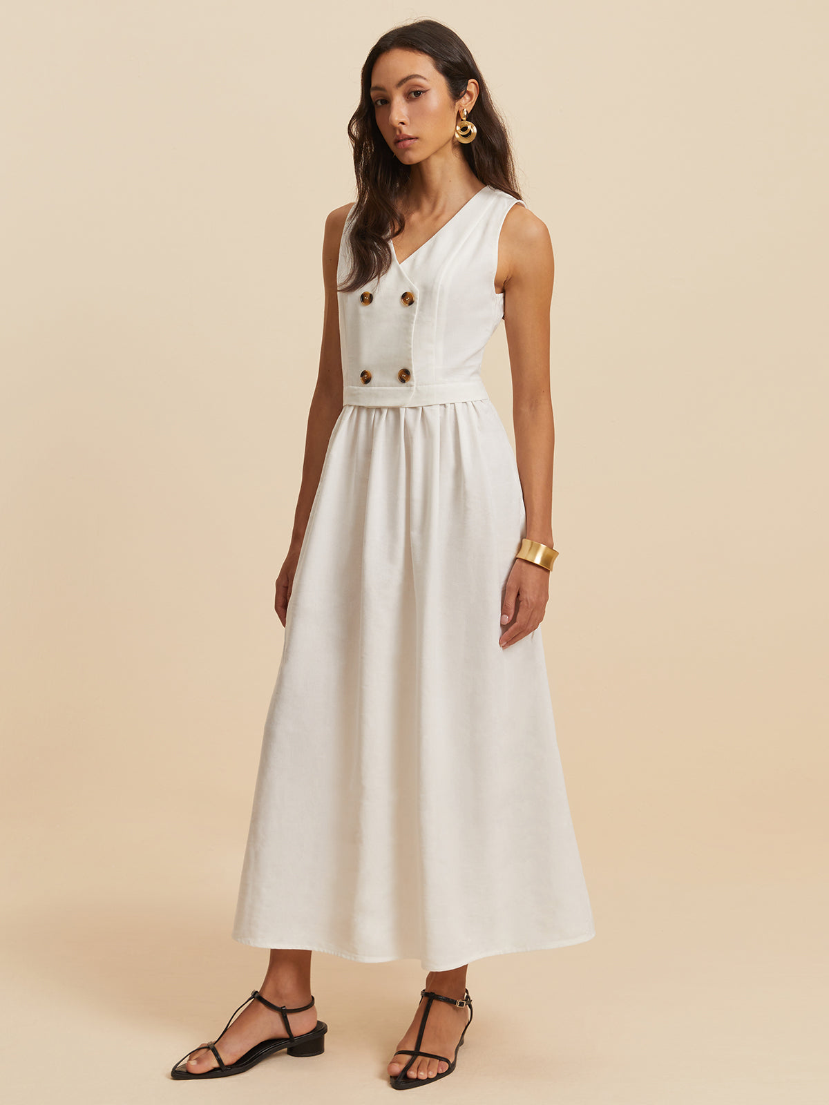 Cotton & Linen Button Sleeveless Dress