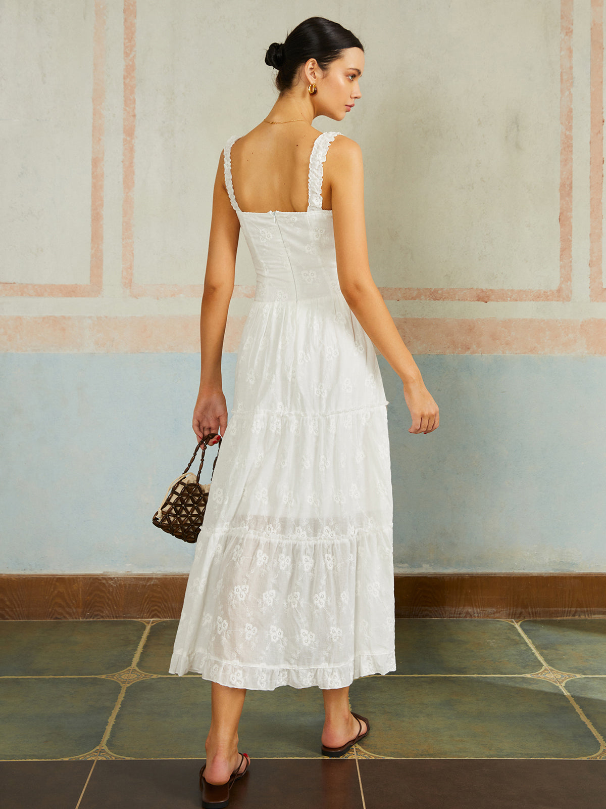 Ruffled Hem Sleeveless Embroidered Long Dress