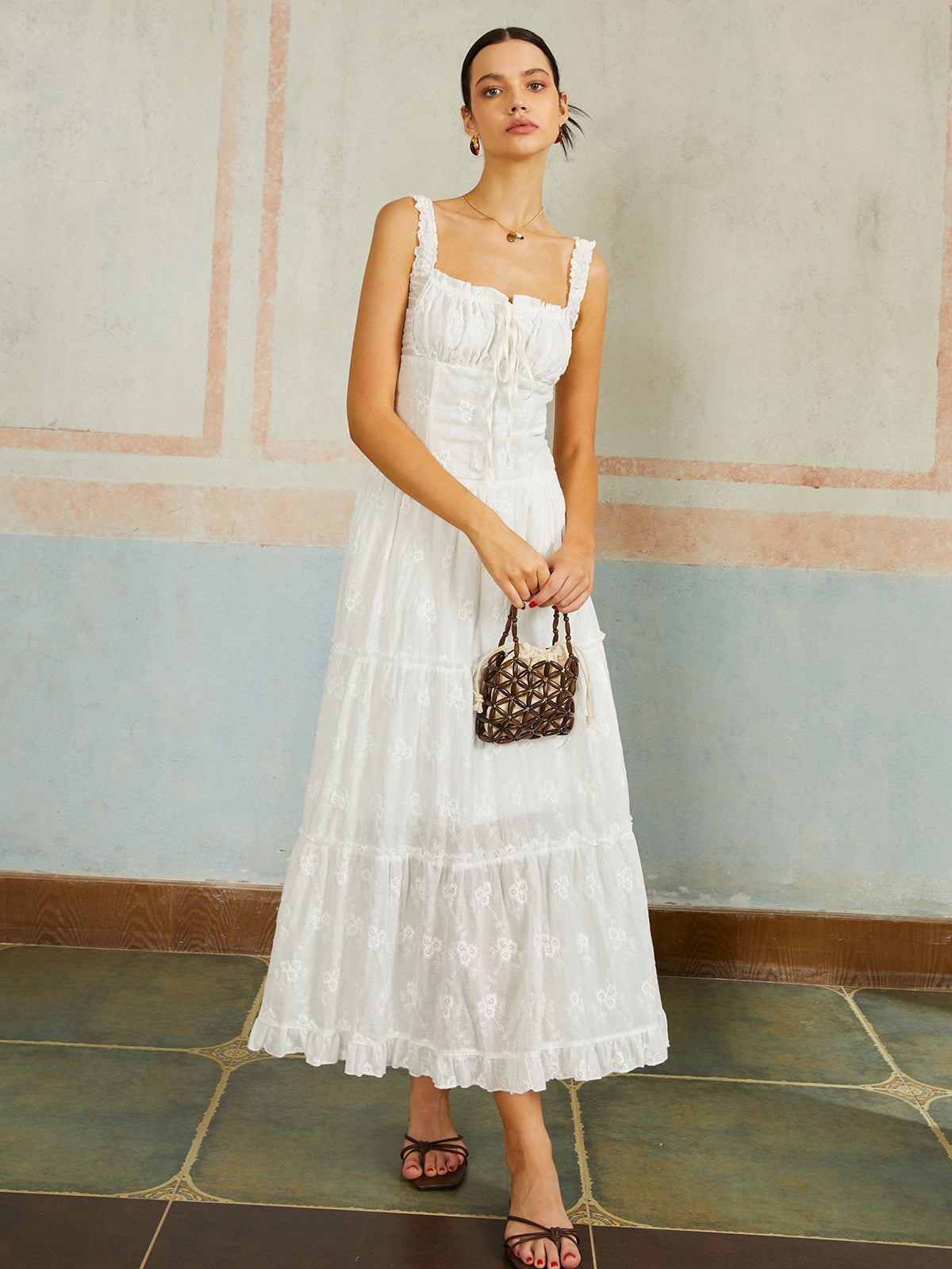 Ruffled Hem Sleeveless Embroidered Long Dress