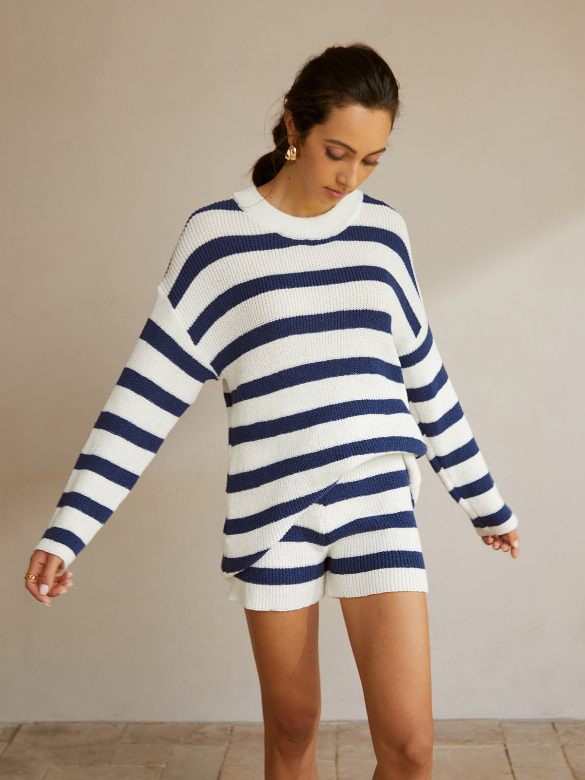 Striped Ribbed Sweater Shorts Set