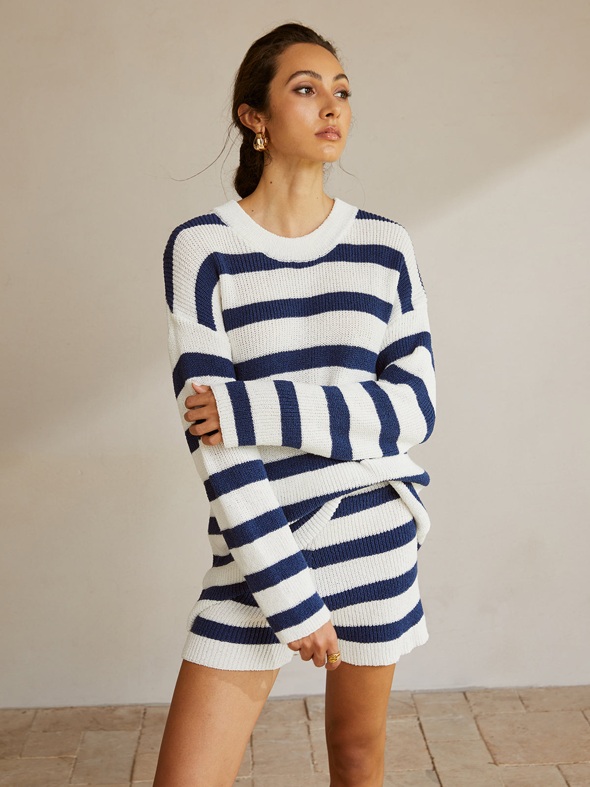 Striped Ribbed Sweater Shorts Set