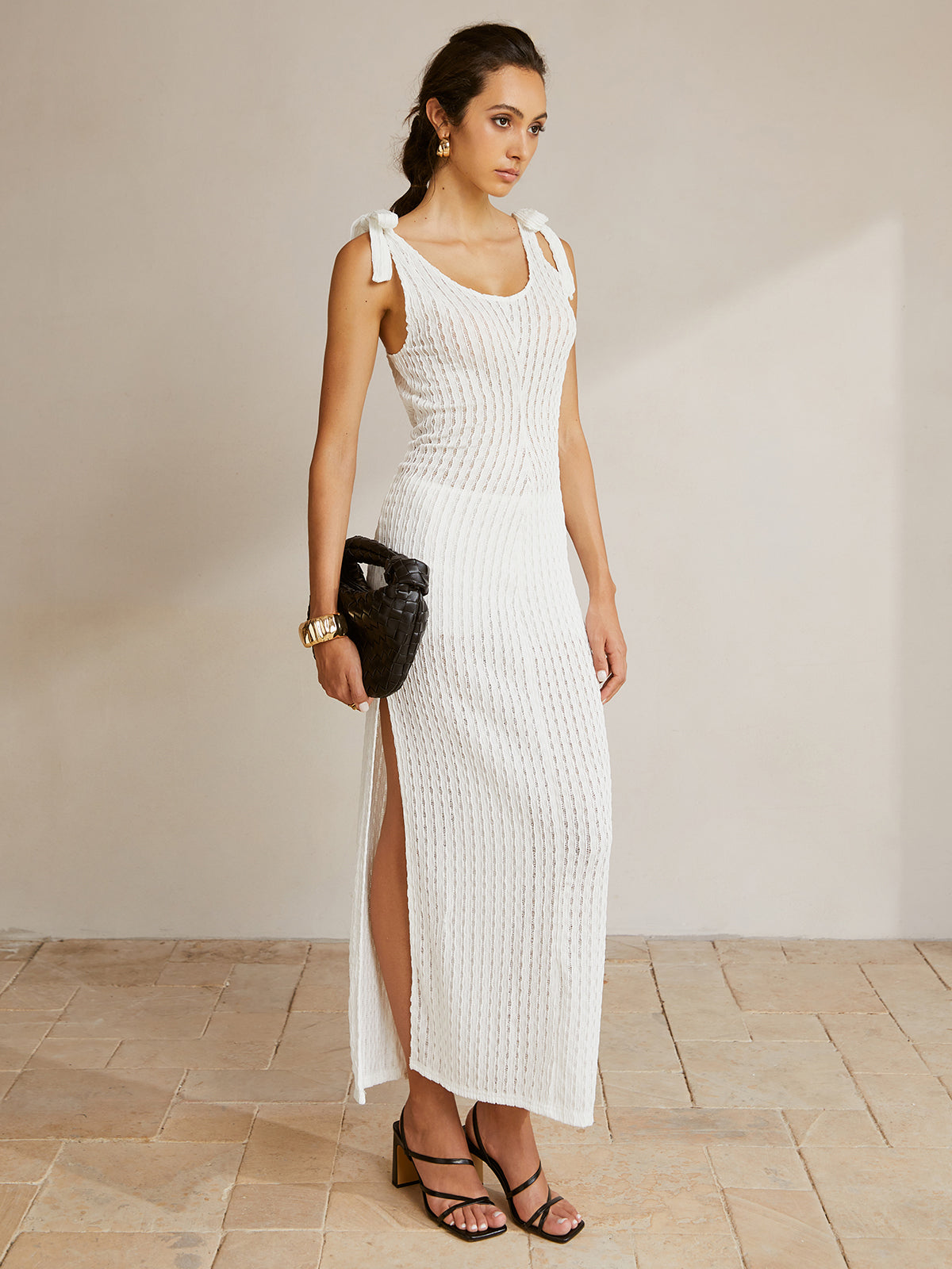 Tie Shoulder Slit Ribbed Long Dress