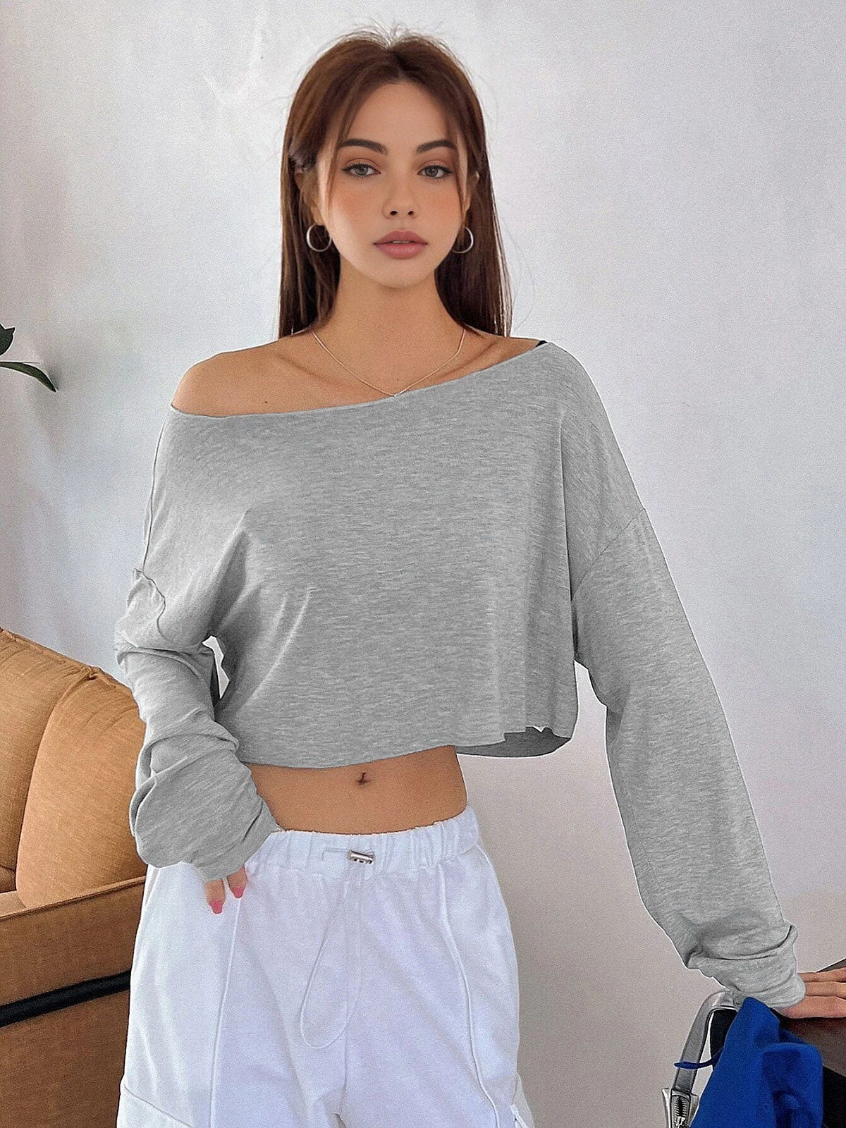 Casual off-shoulder långärmad kort t-shirt