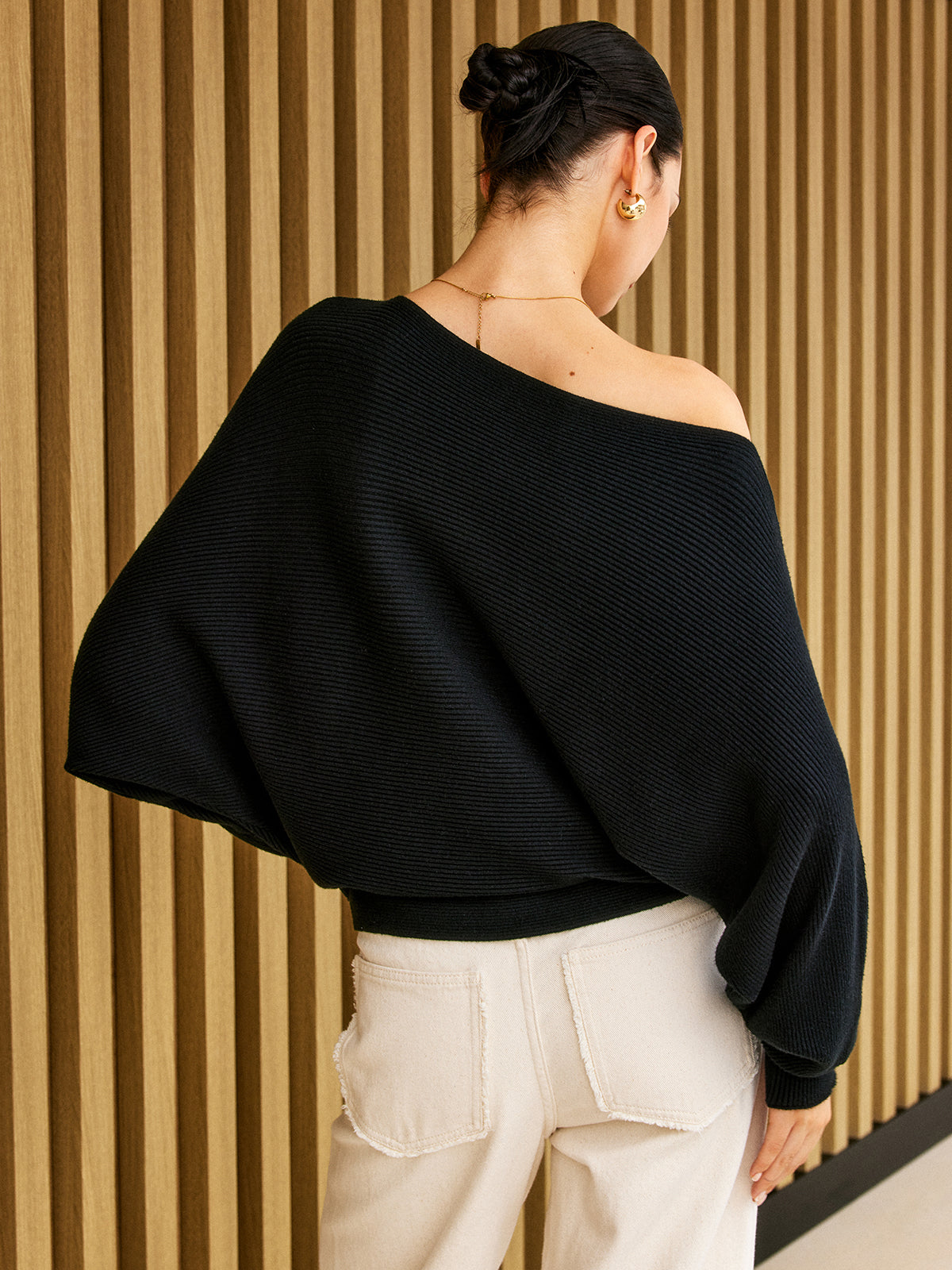 Plain Cold Shoulder Loose Sweater