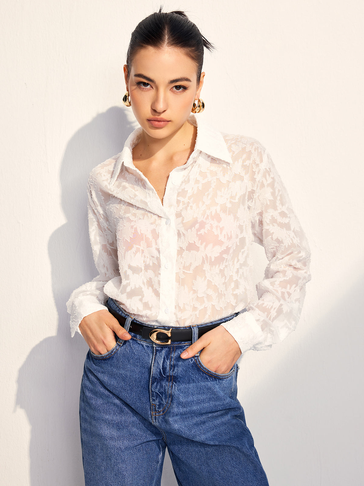 Semi-Sheer Jacquard Button Shirt